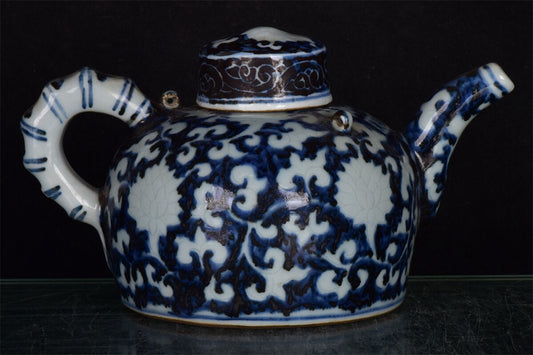 Chinese antique blue and white with white space, entwined flower pattern, three series bamboo teapot