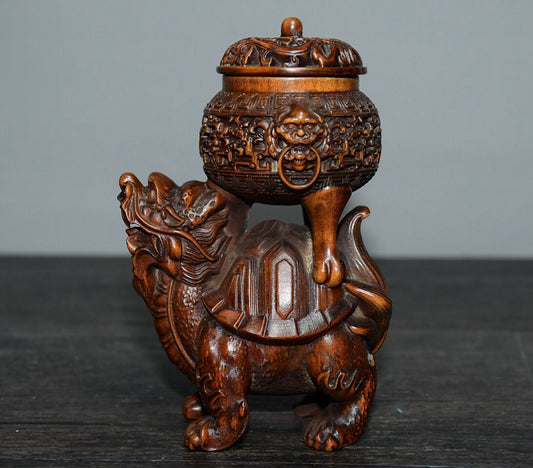 Chinese antique small leaf boxwood dragon turtle incense burner ornament
