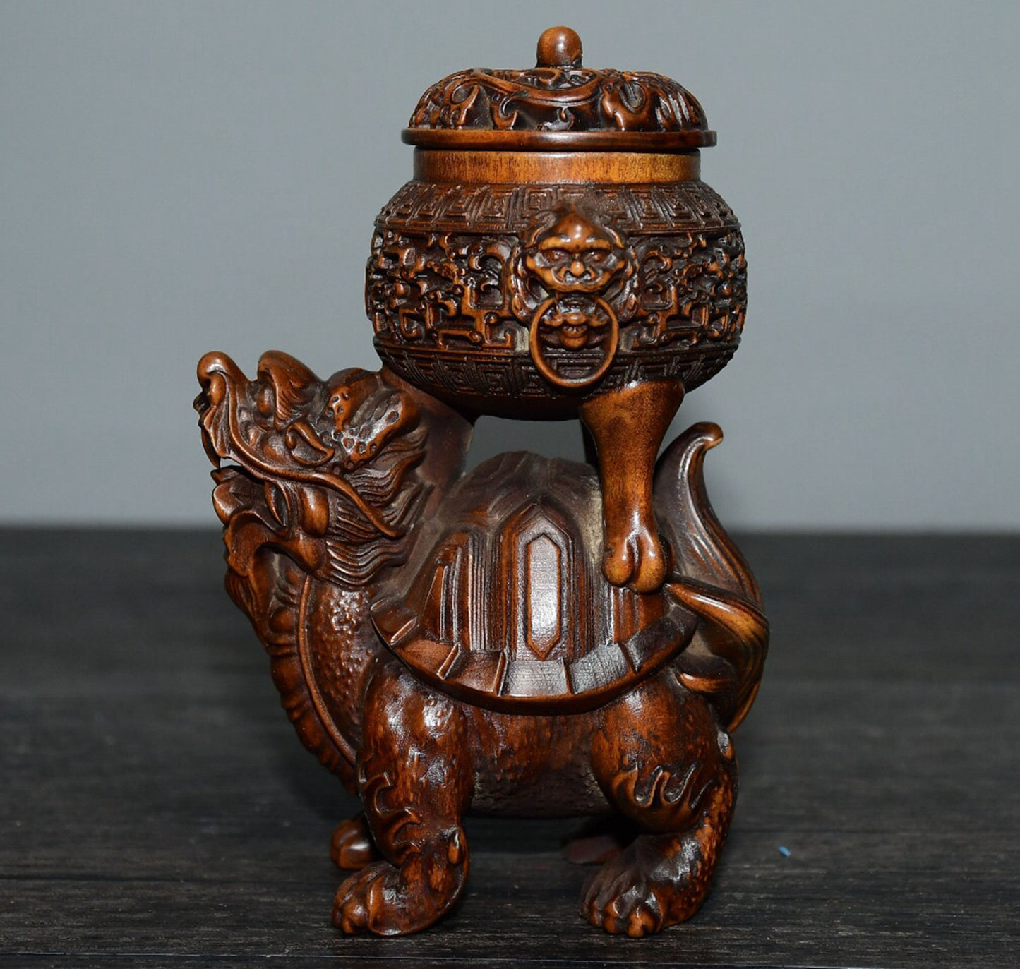 Chinese antique small leaf boxwood dragon turtle incense burner ornament