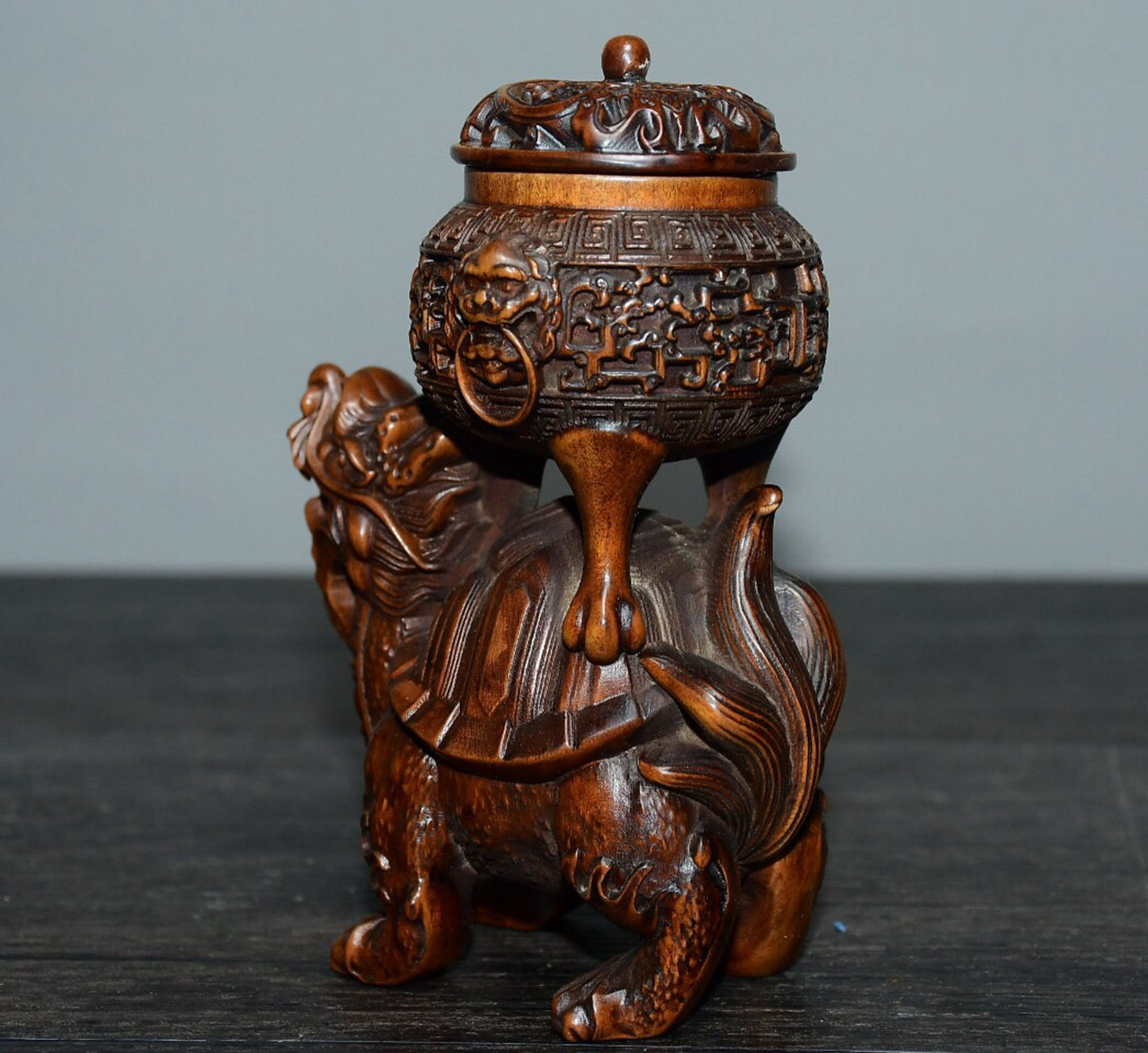 Chinese antique small leaf boxwood dragon turtle incense burner ornament