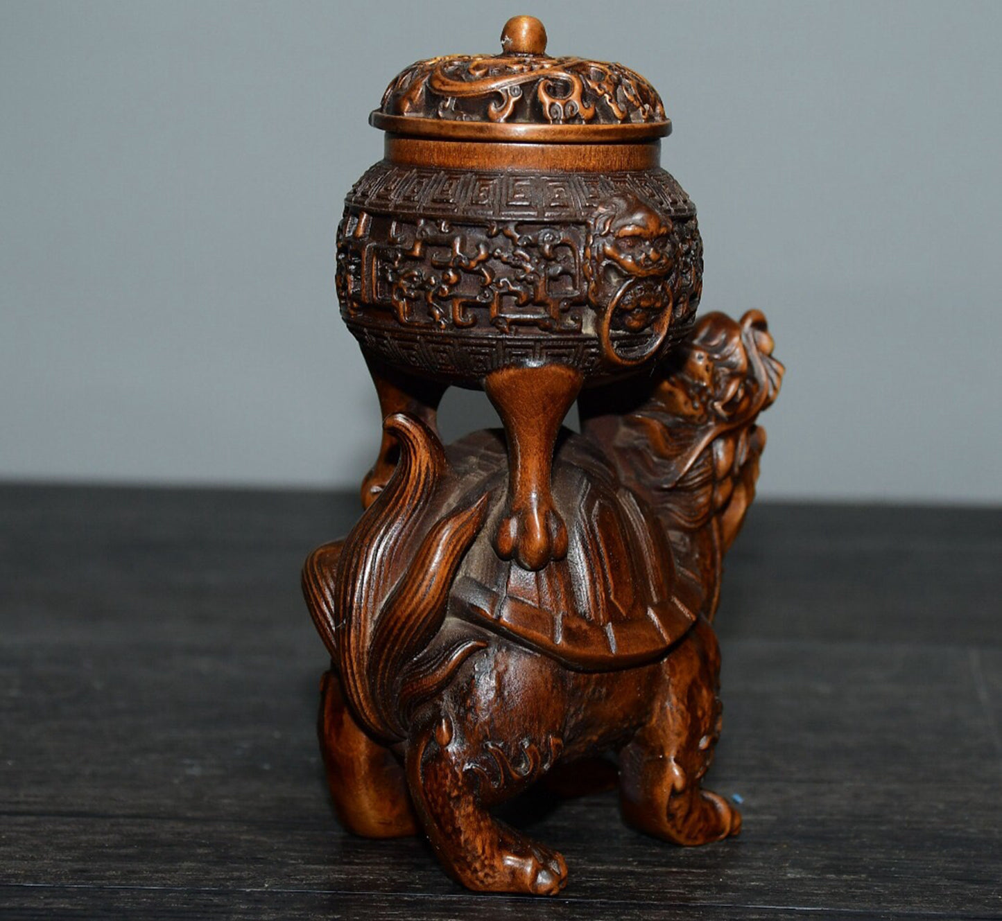 Chinese antique small leaf boxwood dragon turtle incense burner ornament