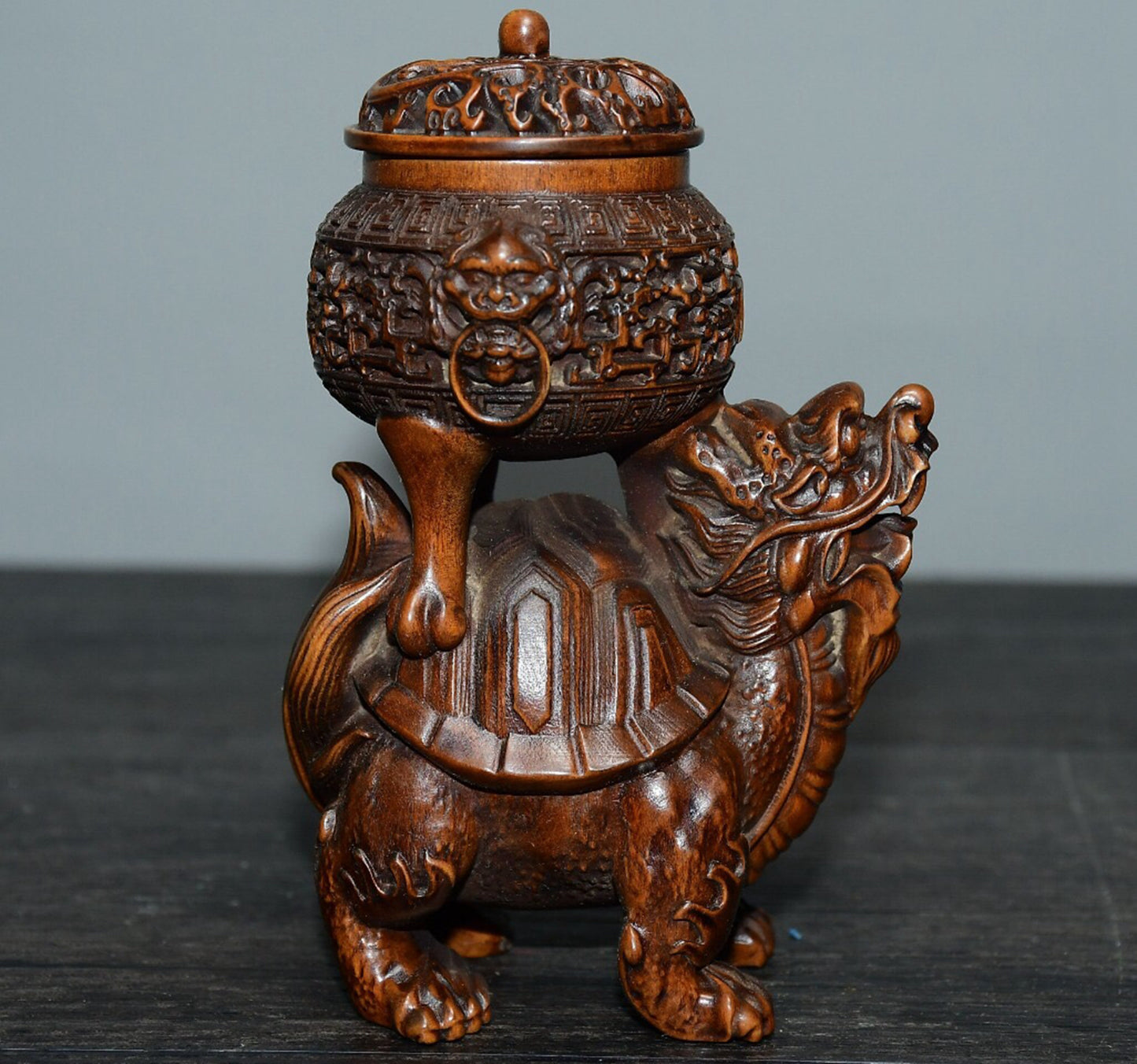 Chinese antique small leaf boxwood dragon turtle incense burner ornament
