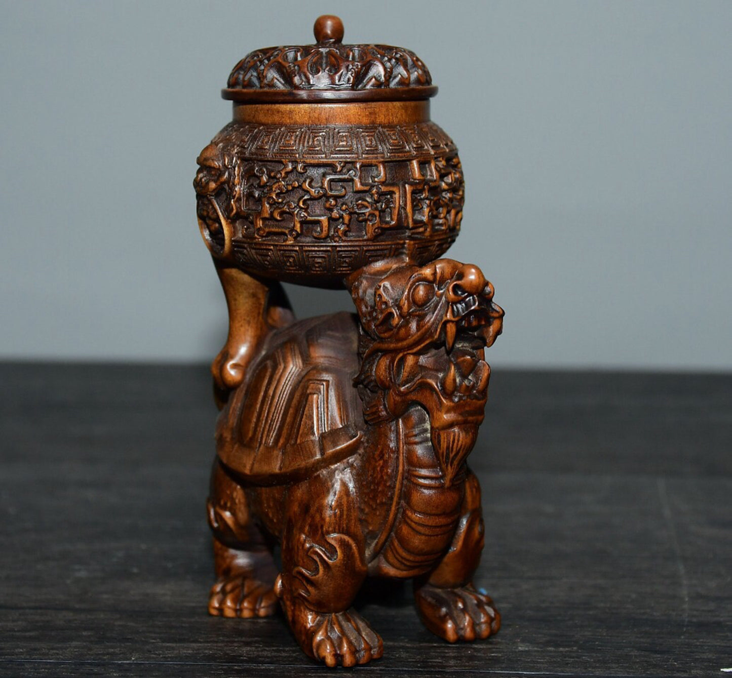Chinese antique small leaf boxwood dragon turtle incense burner ornament