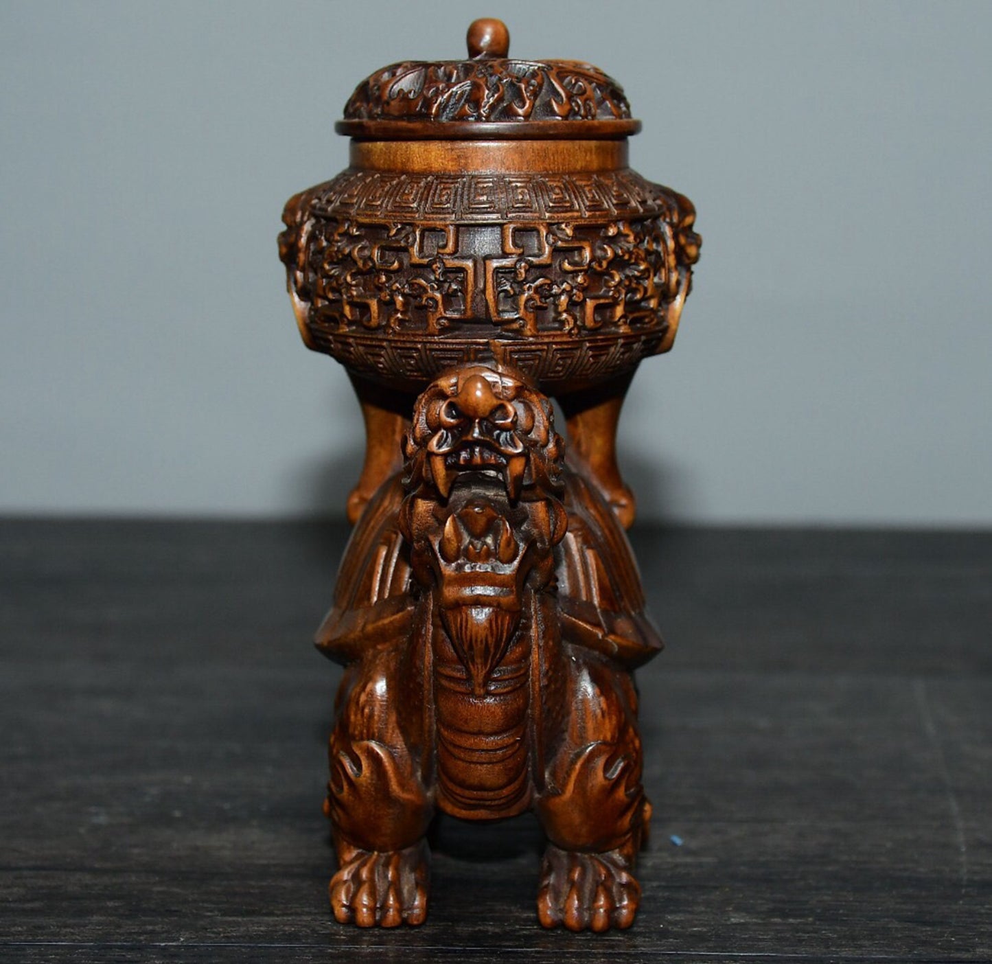Chinese antique small leaf boxwood dragon turtle incense burner ornament