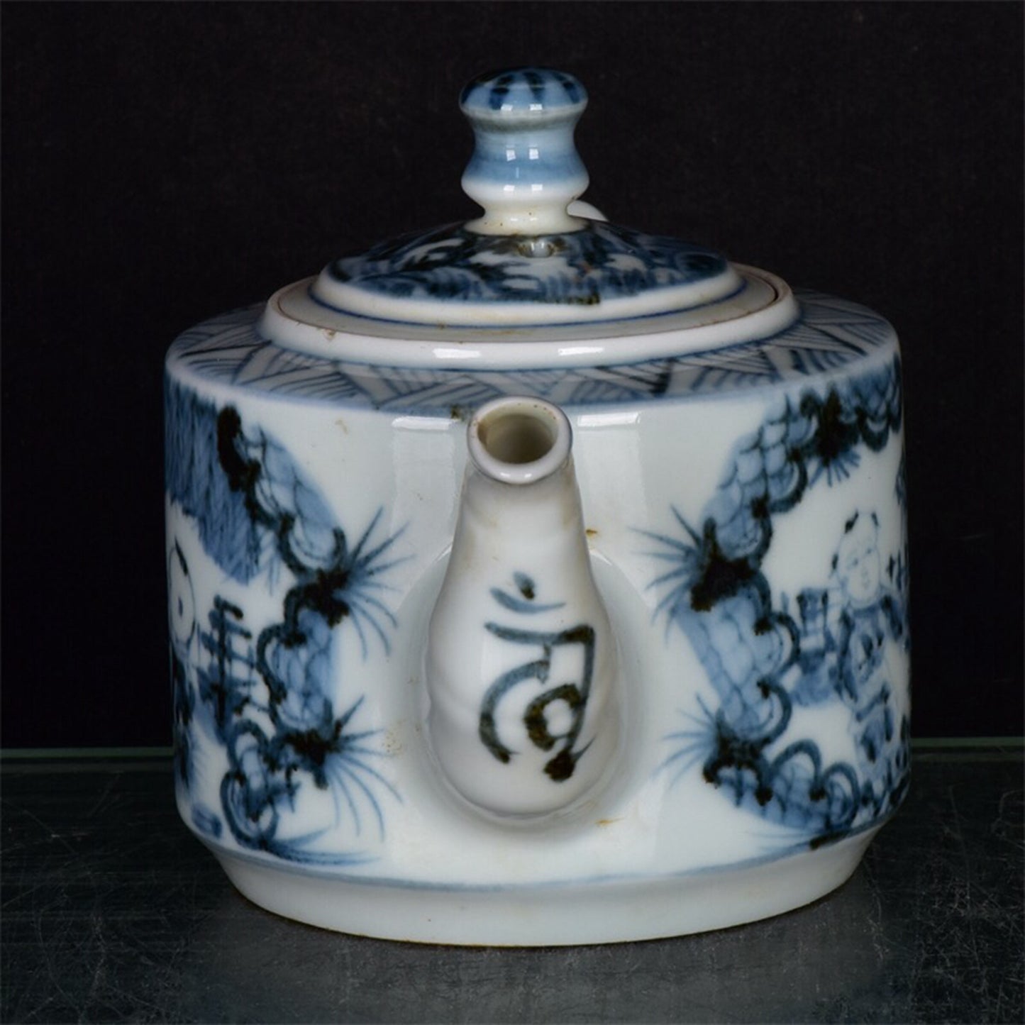 Chinese antique blue and white character story patterned teapot