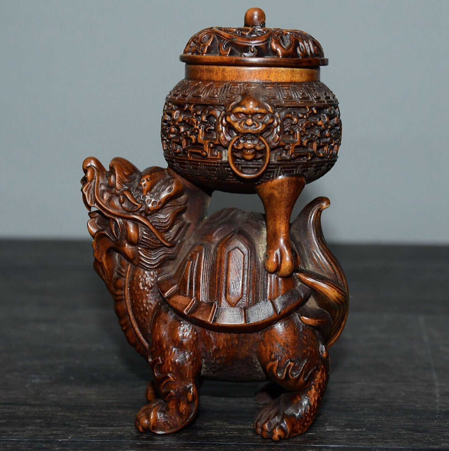 Chinese antique small leaf boxwood dragon turtle incense burner ornament