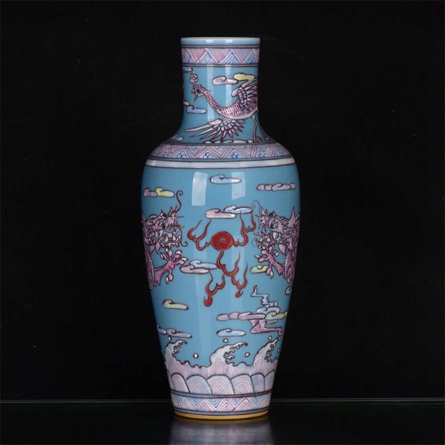 Chinese antique sky blue glazed rouge red dragon patterned bottle