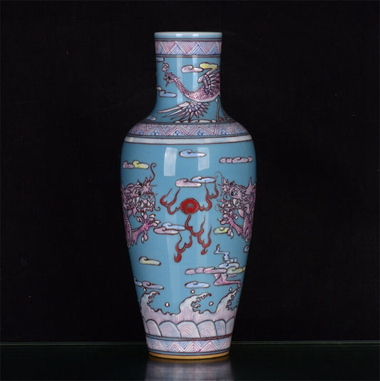 Chinese antique sky blue glazed rouge red dragon patterned bottle
