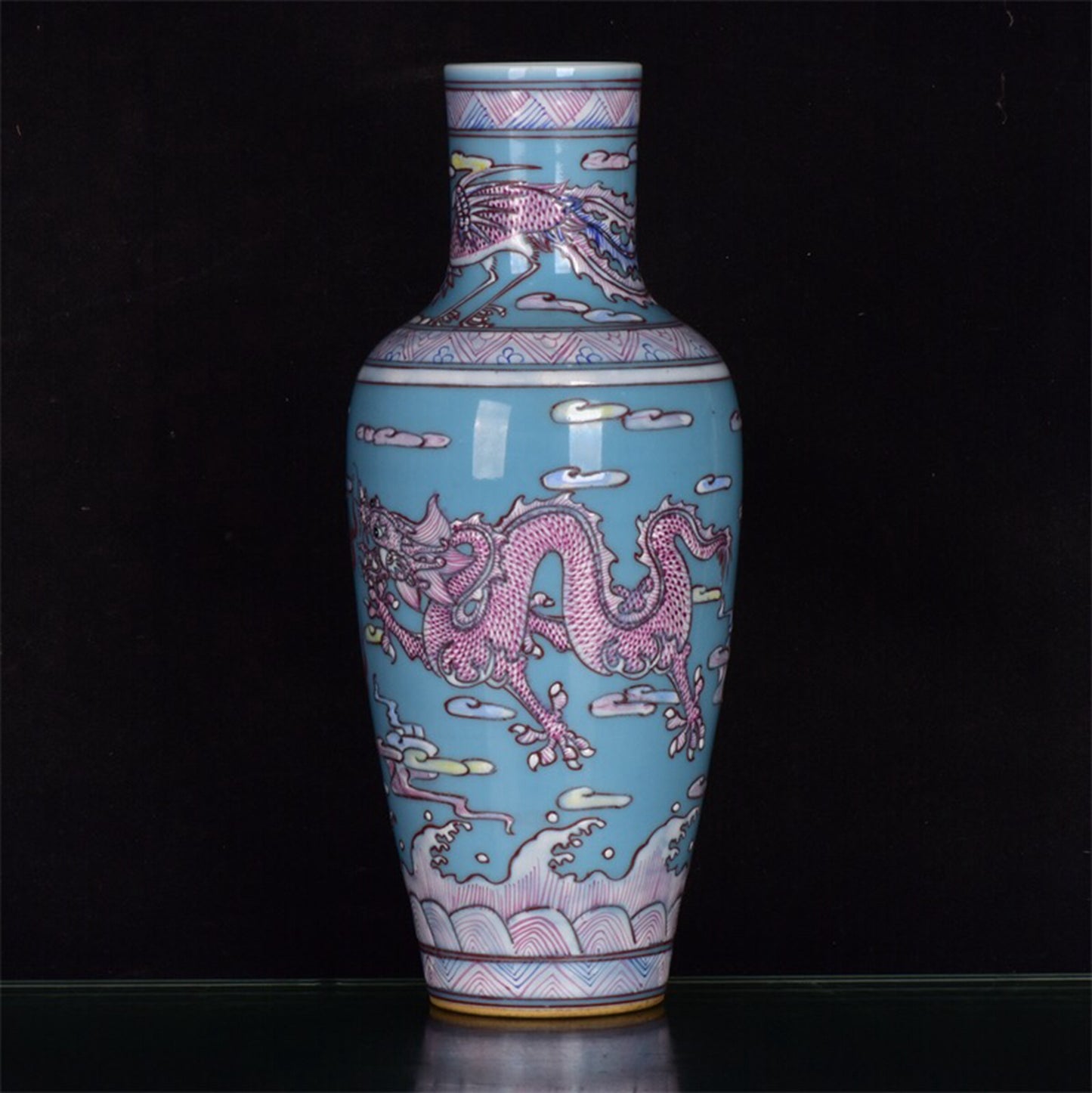 Chinese antique sky blue glazed rouge red dragon patterned bottle