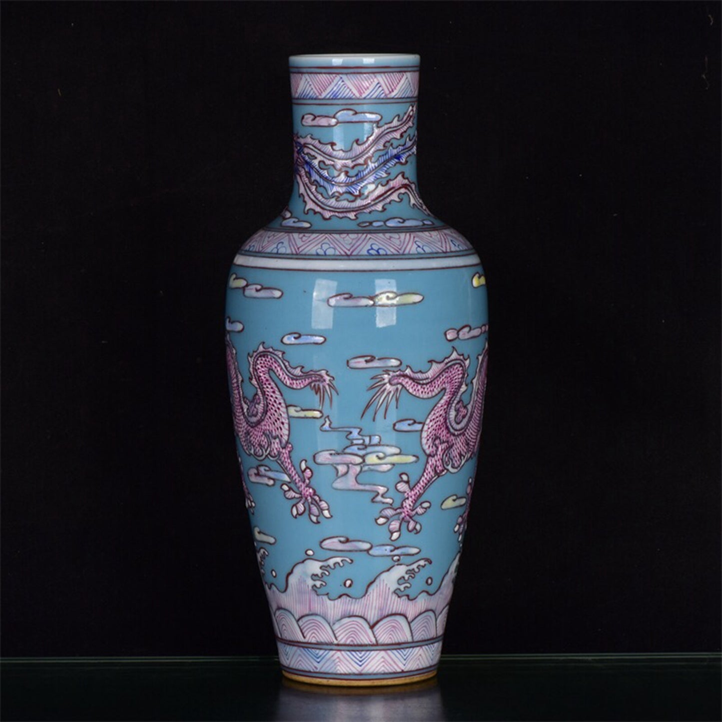 Chinese antique sky blue glazed rouge red dragon patterned bottle