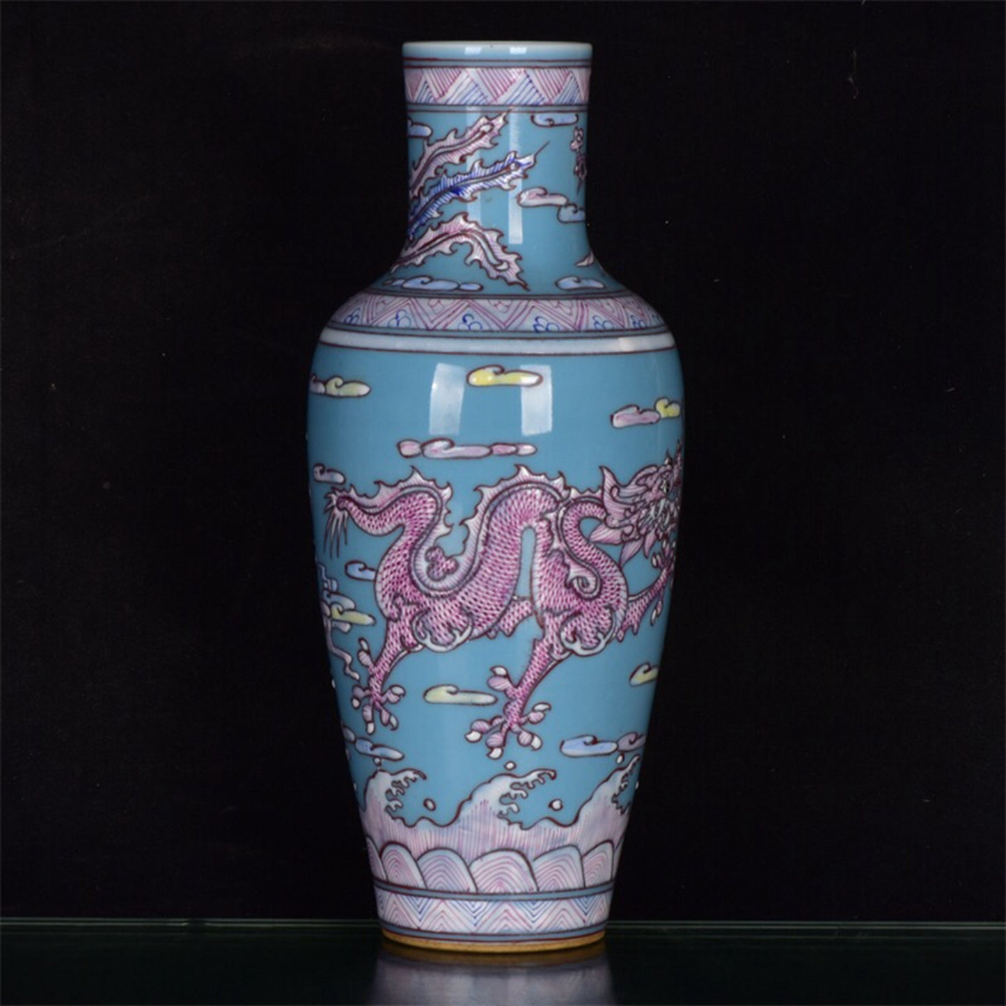 Chinese antique sky blue glazed rouge red dragon patterned bottle