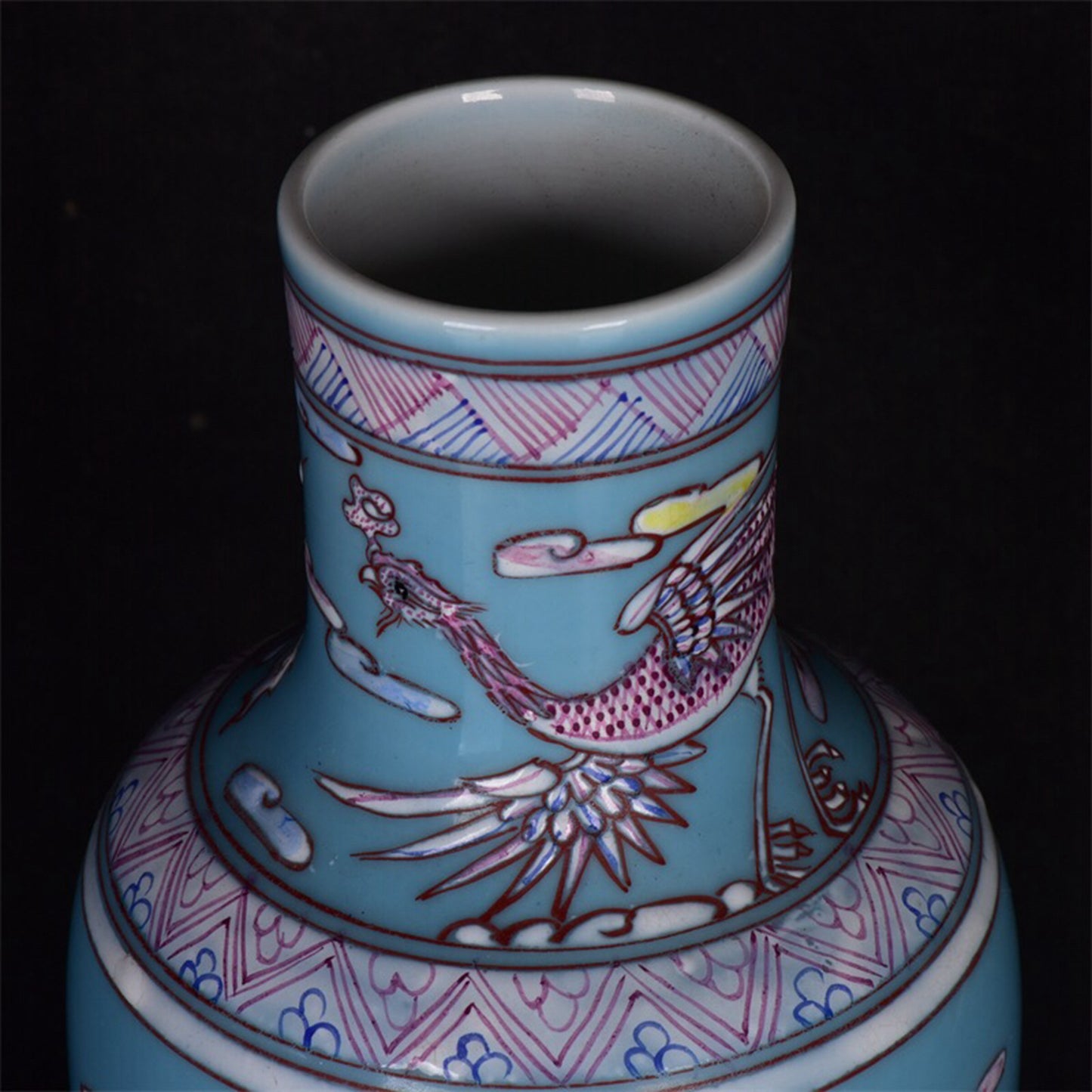 Chinese antique sky blue glazed rouge red dragon patterned bottle