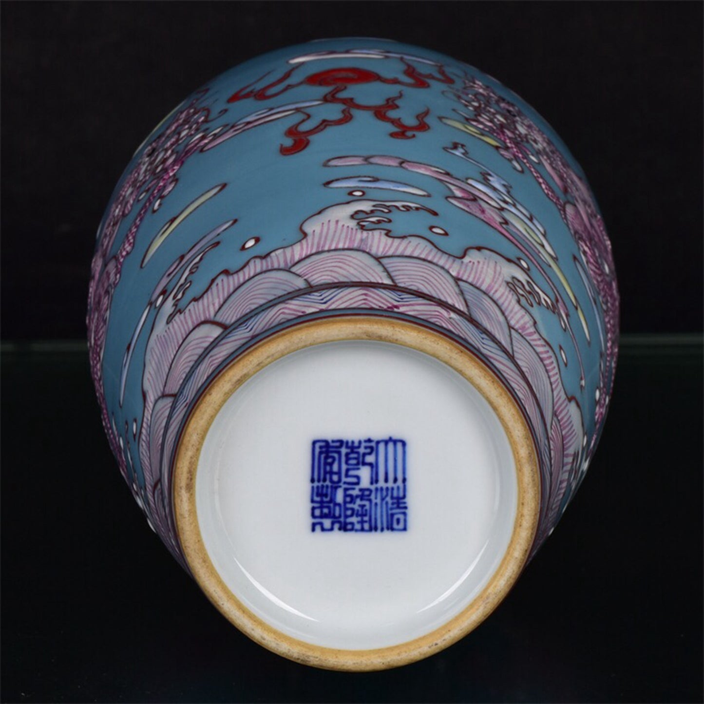 Chinese antique sky blue glazed rouge red dragon patterned bottle