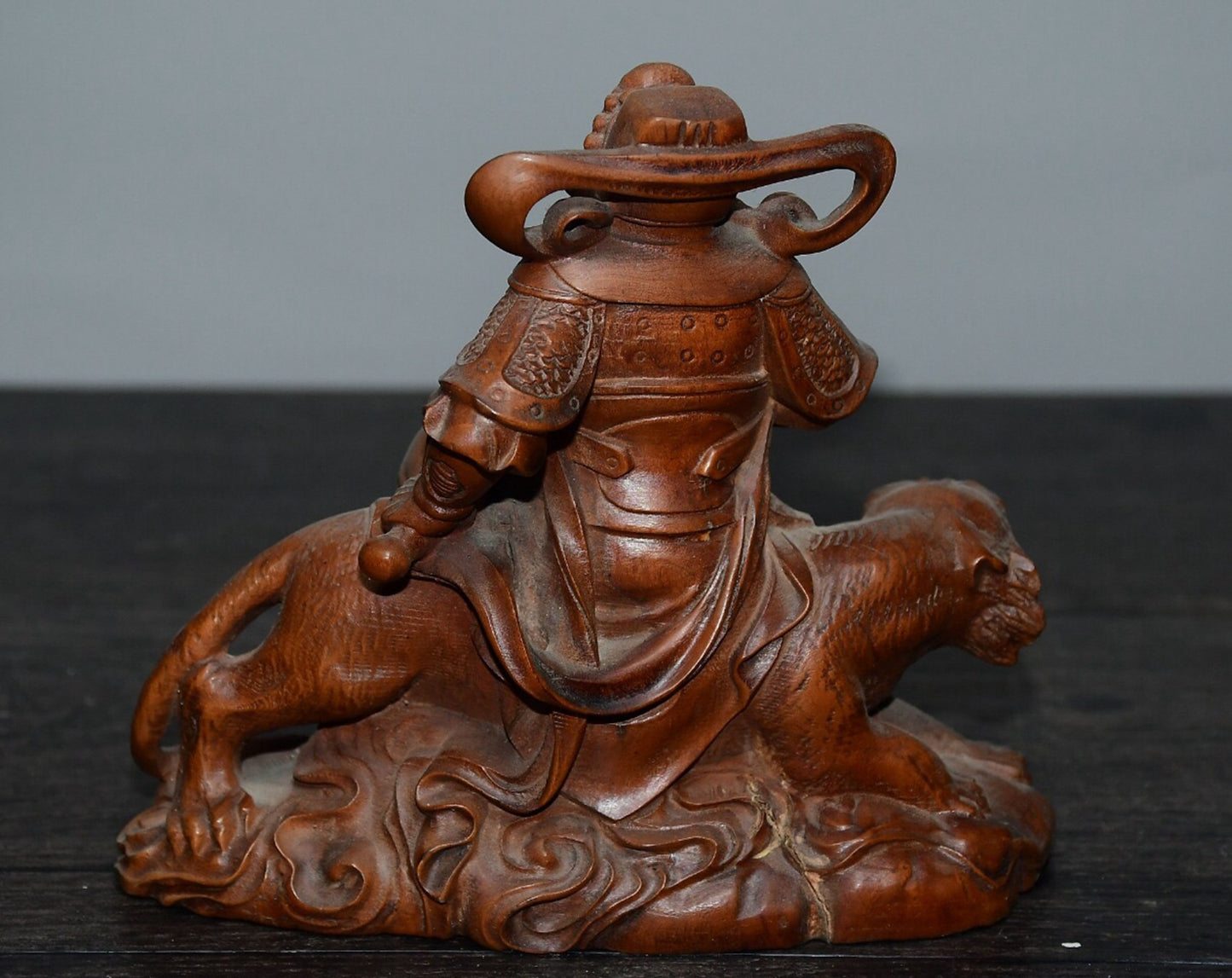 Chinese antique small leaf boxwood martial god of wealth ornament