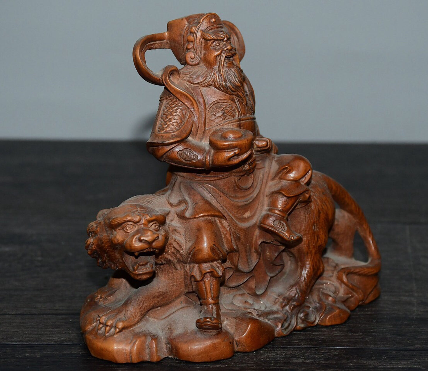 Chinese antique small leaf boxwood martial god of wealth ornament