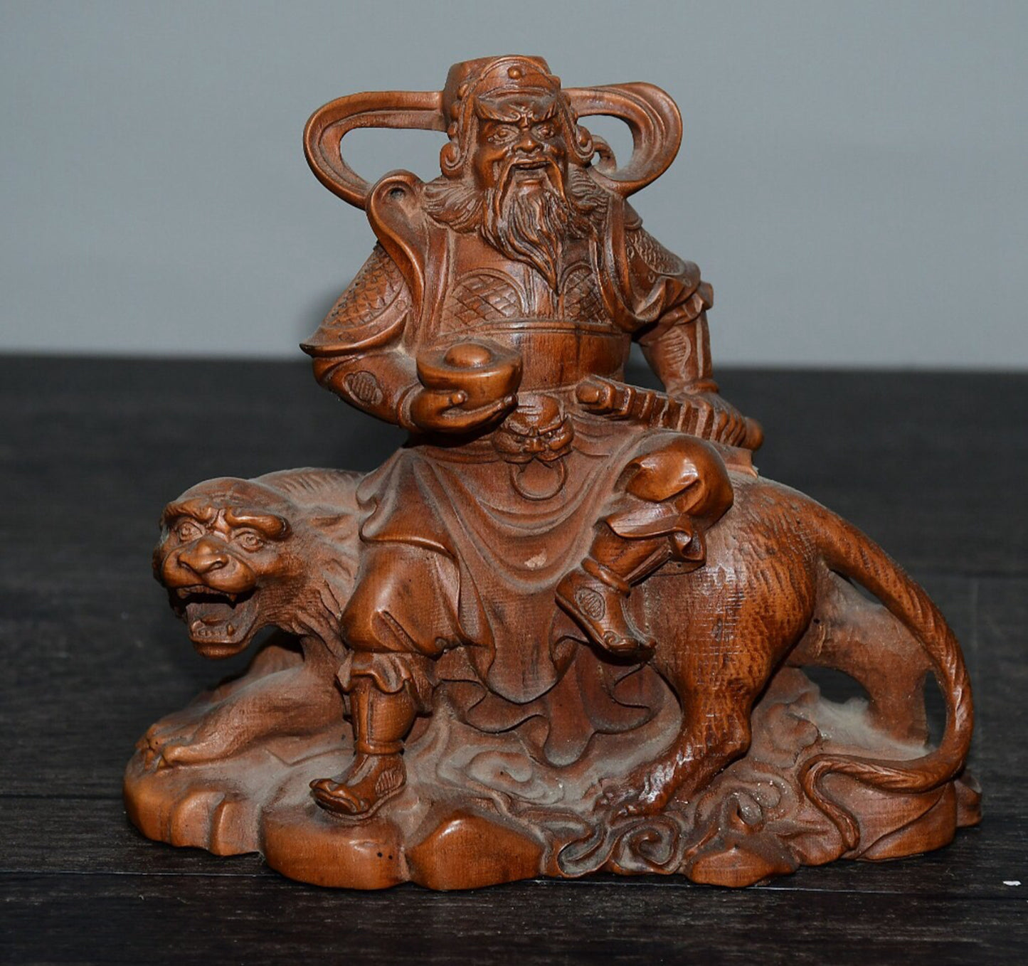 Chinese antique small leaf boxwood martial god of wealth ornament