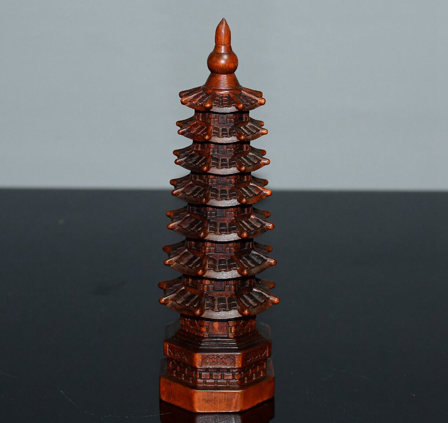 Chinese antique small leaf boxwood seven story Wenchang Pagoda ornaments
