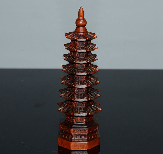 Chinese antique small leaf boxwood seven story Wenchang Pagoda ornaments