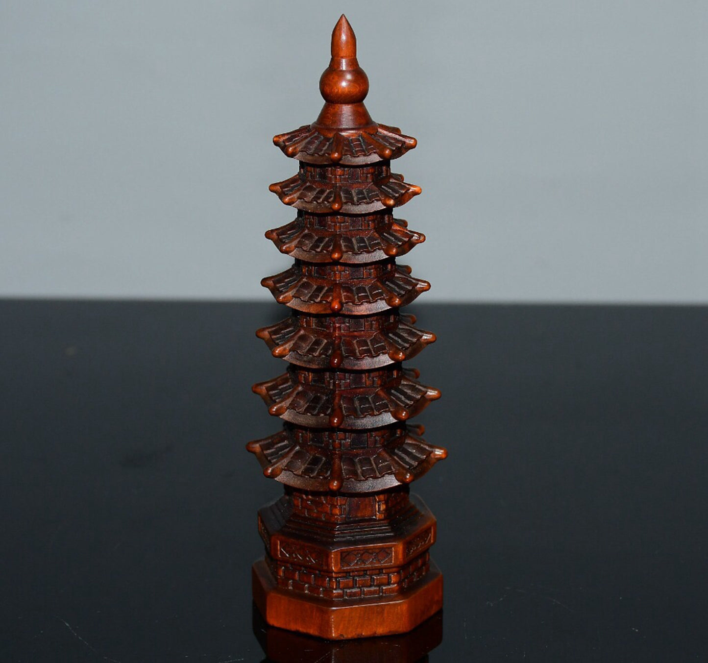 Chinese antique small leaf boxwood seven story Wenchang Pagoda ornaments