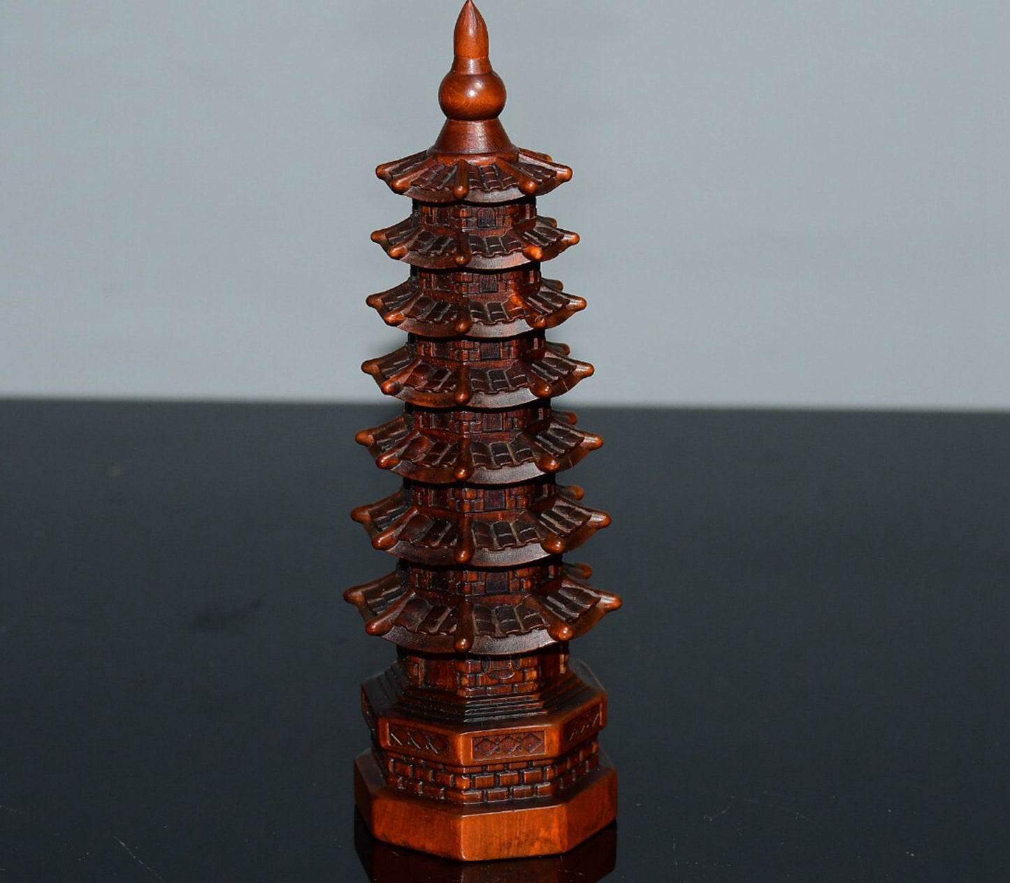 Chinese antique small leaf boxwood seven story Wenchang Pagoda ornaments