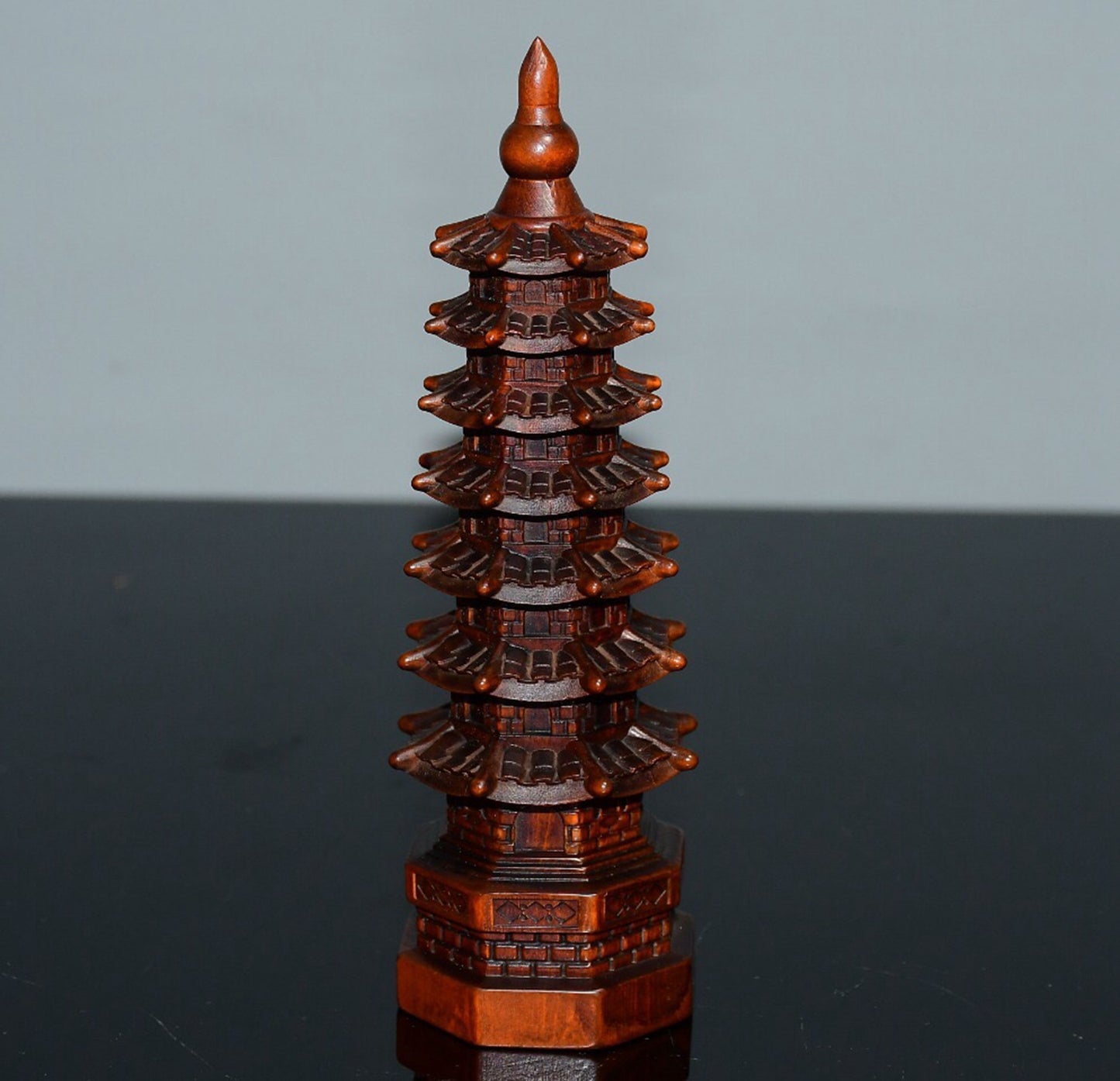 Chinese antique small leaf boxwood seven story Wenchang Pagoda ornaments