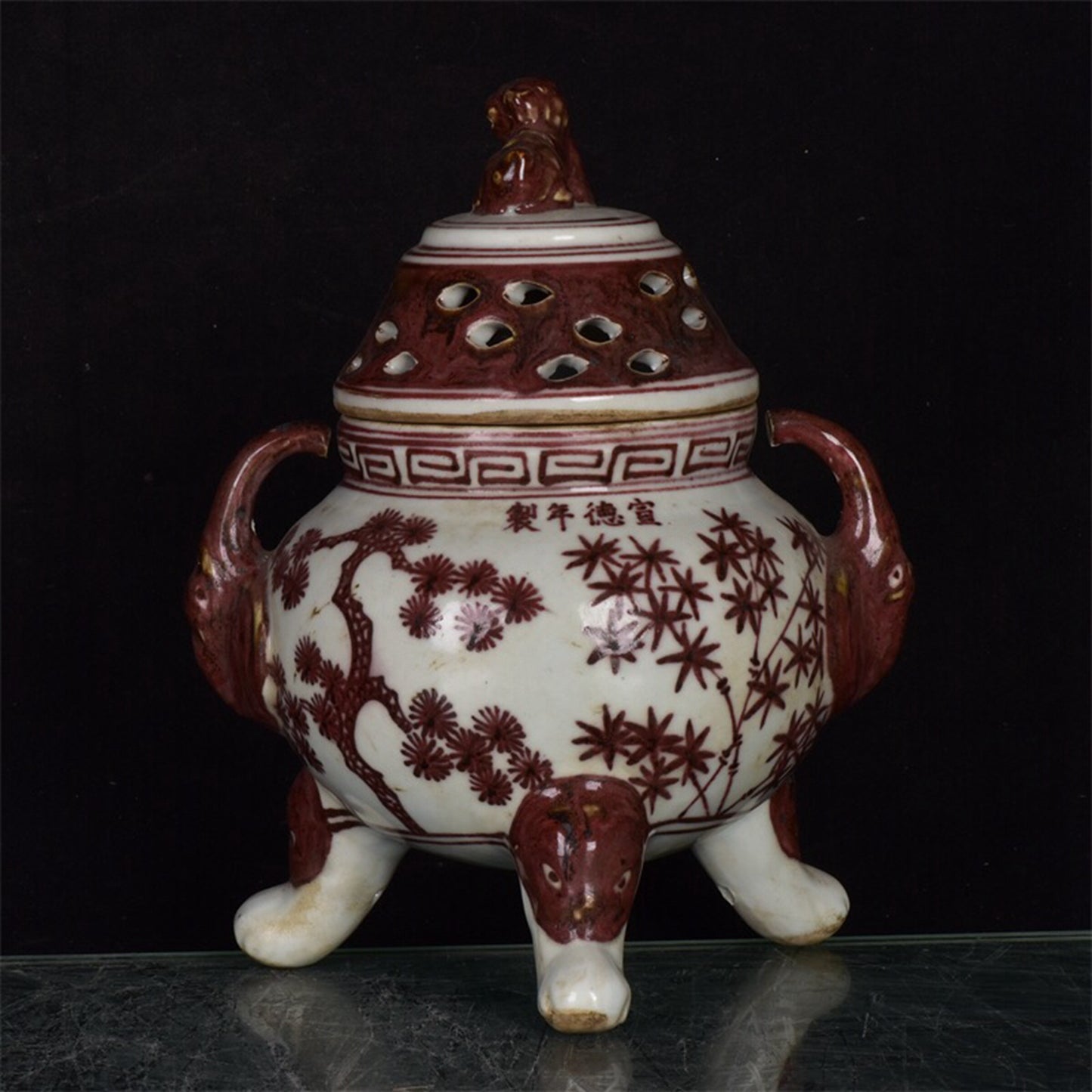 Chinese antique underglaze red pine, bamboo, plum, winter, three friend pattern, three legged double ear incense burner