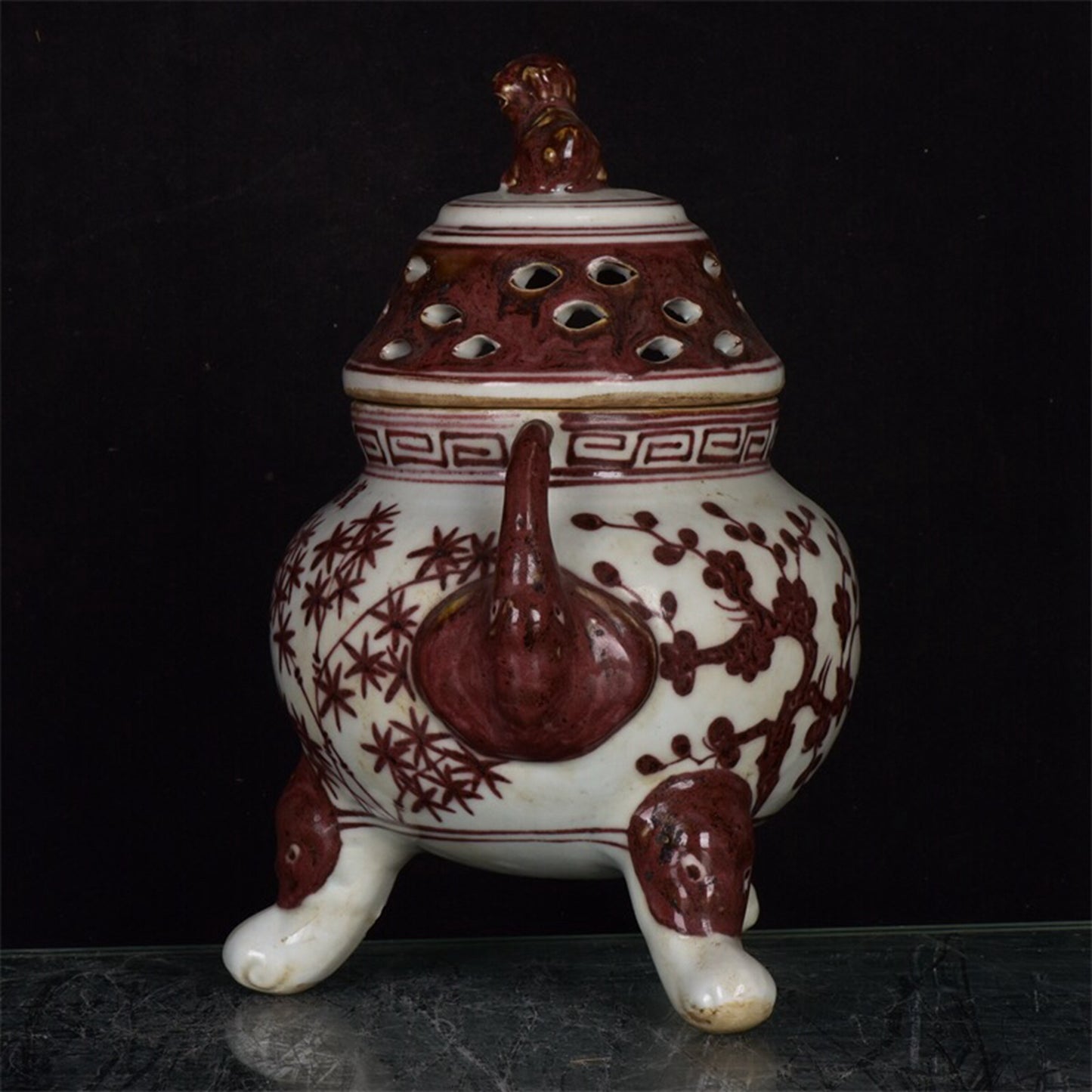 Chinese antique underglaze red pine, bamboo, plum, winter, three friend pattern, three legged double ear incense burner
