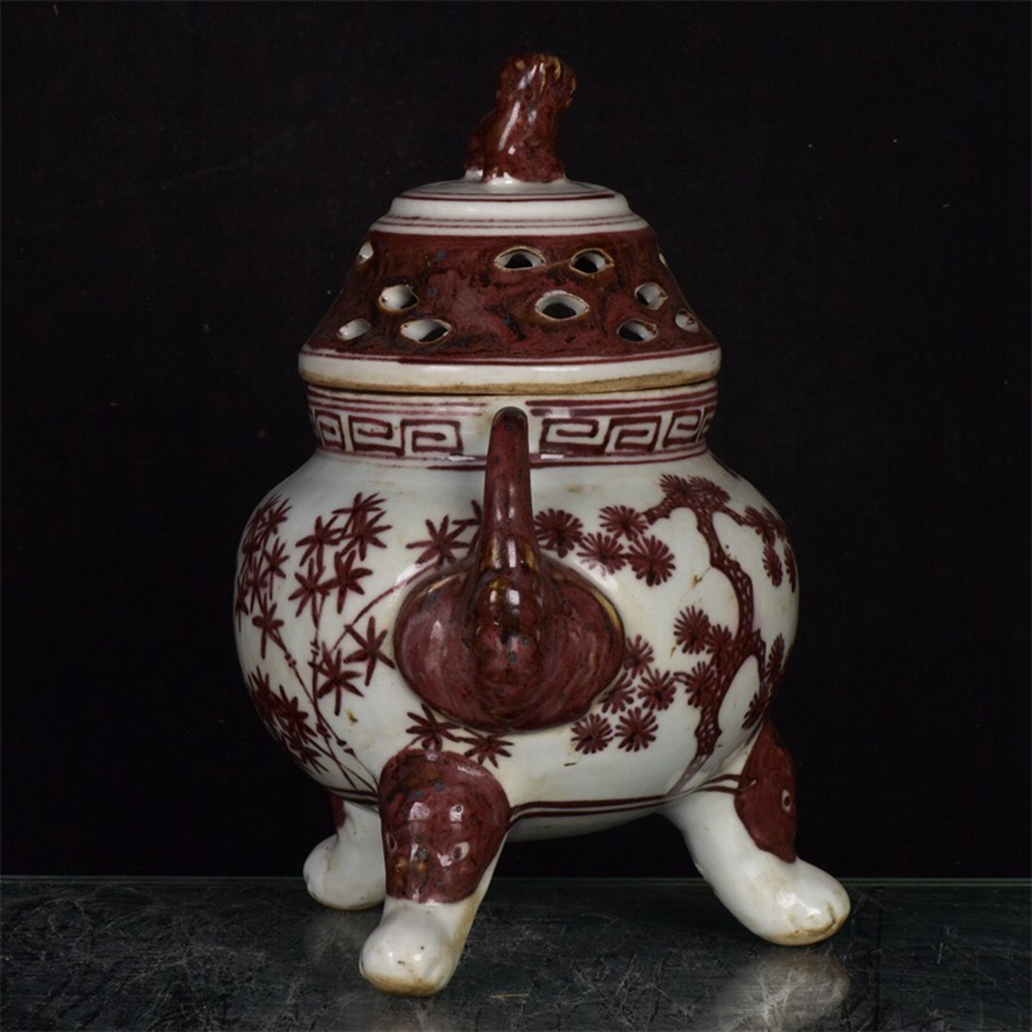 Chinese antique underglaze red pine, bamboo, plum, winter, three friend pattern, three legged double ear incense burner