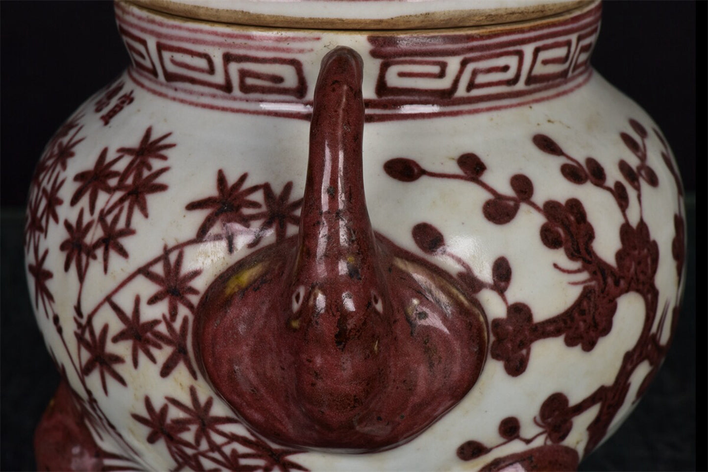 Chinese antique underglaze red pine, bamboo, plum, winter, three friend pattern, three legged double ear incense burner