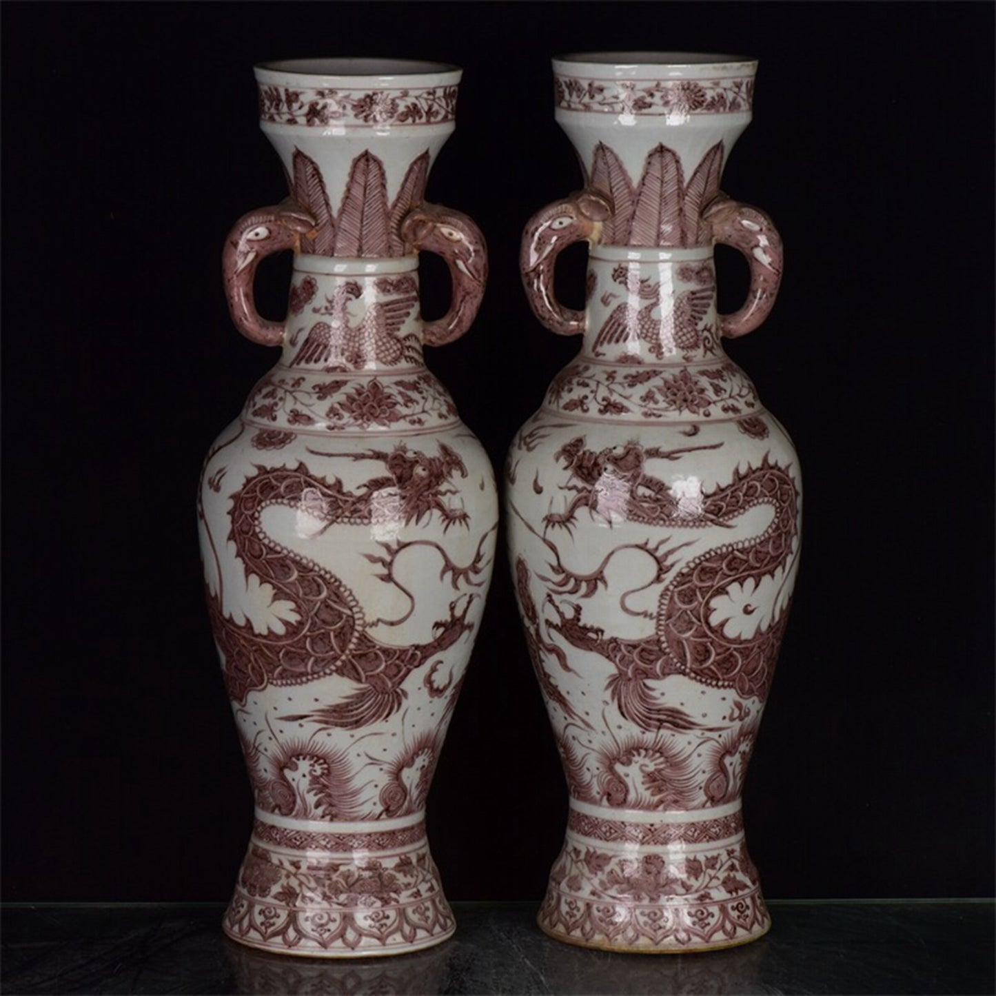 Chinese antique red dragon pattern double elephant ear straight shaped bottle