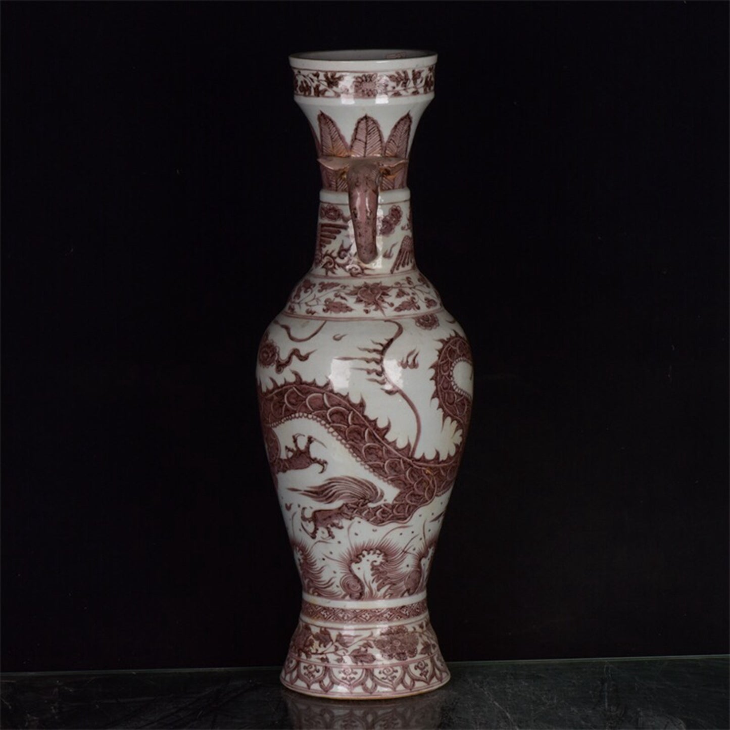 Chinese antique red dragon pattern double elephant ear straight shaped bottle