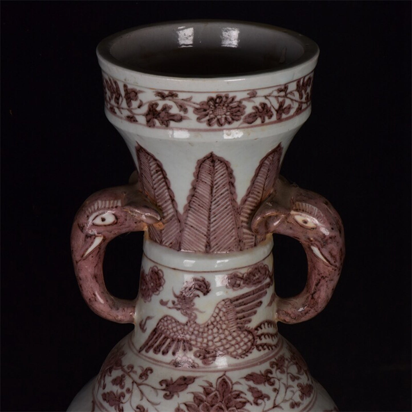 Chinese antique red dragon pattern double elephant ear straight shaped bottle