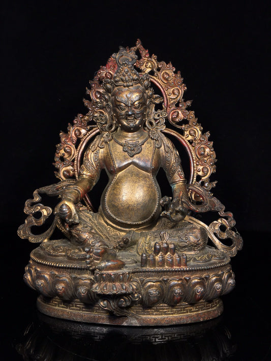 Chinese Antique Pure Copper Belt Backlit Yellow God of Wealth Buddha Statue