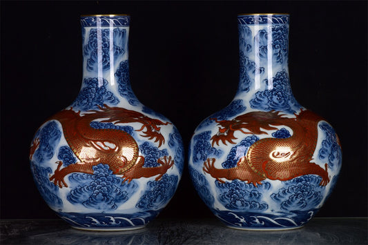 Chinese antique blue and white glazed red gilded auspicious cloud dragon patterned celestial ball bottle