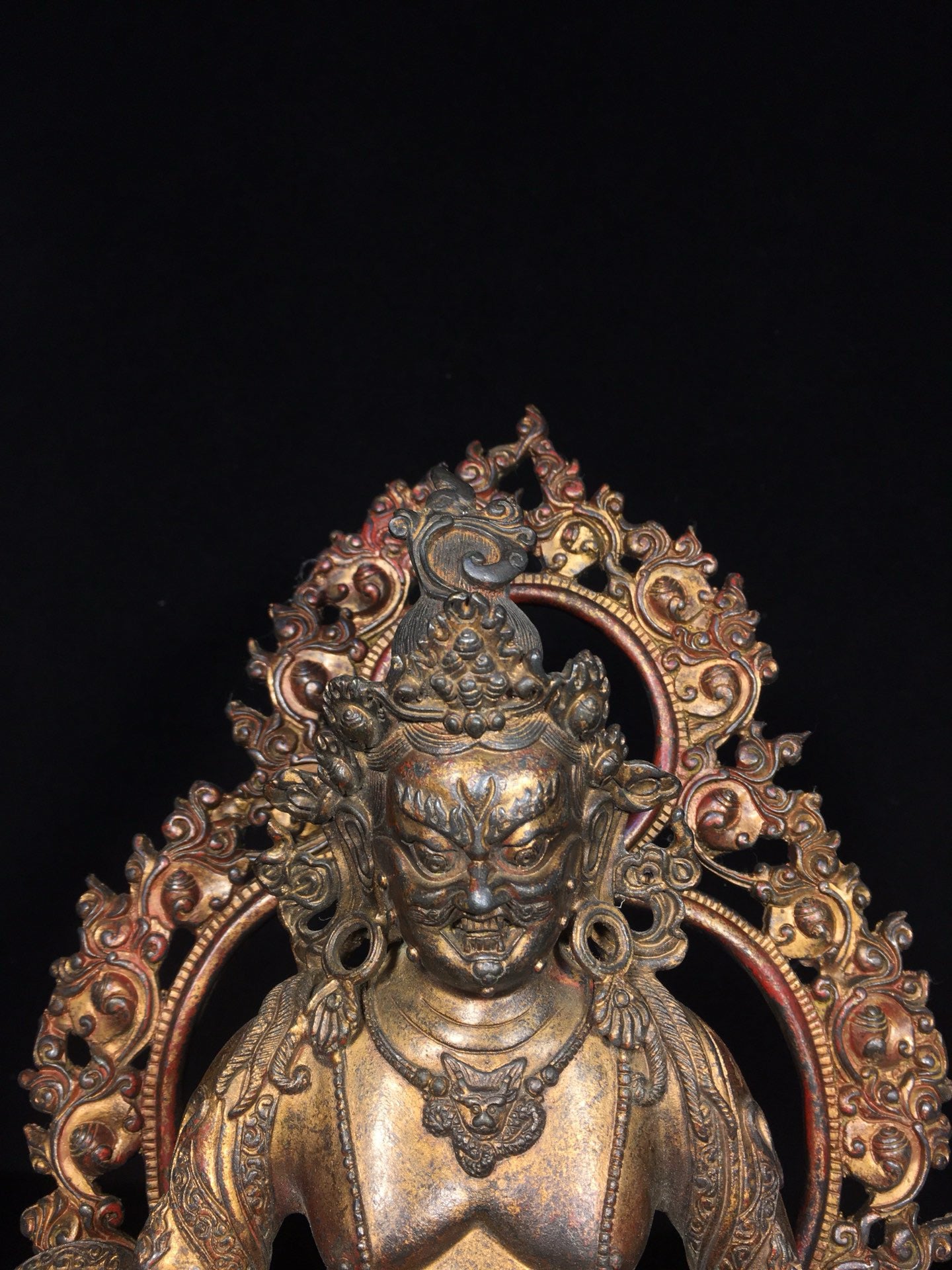 Chinese Antique Pure Copper Belt Backlit Yellow God of Wealth Buddha Statue