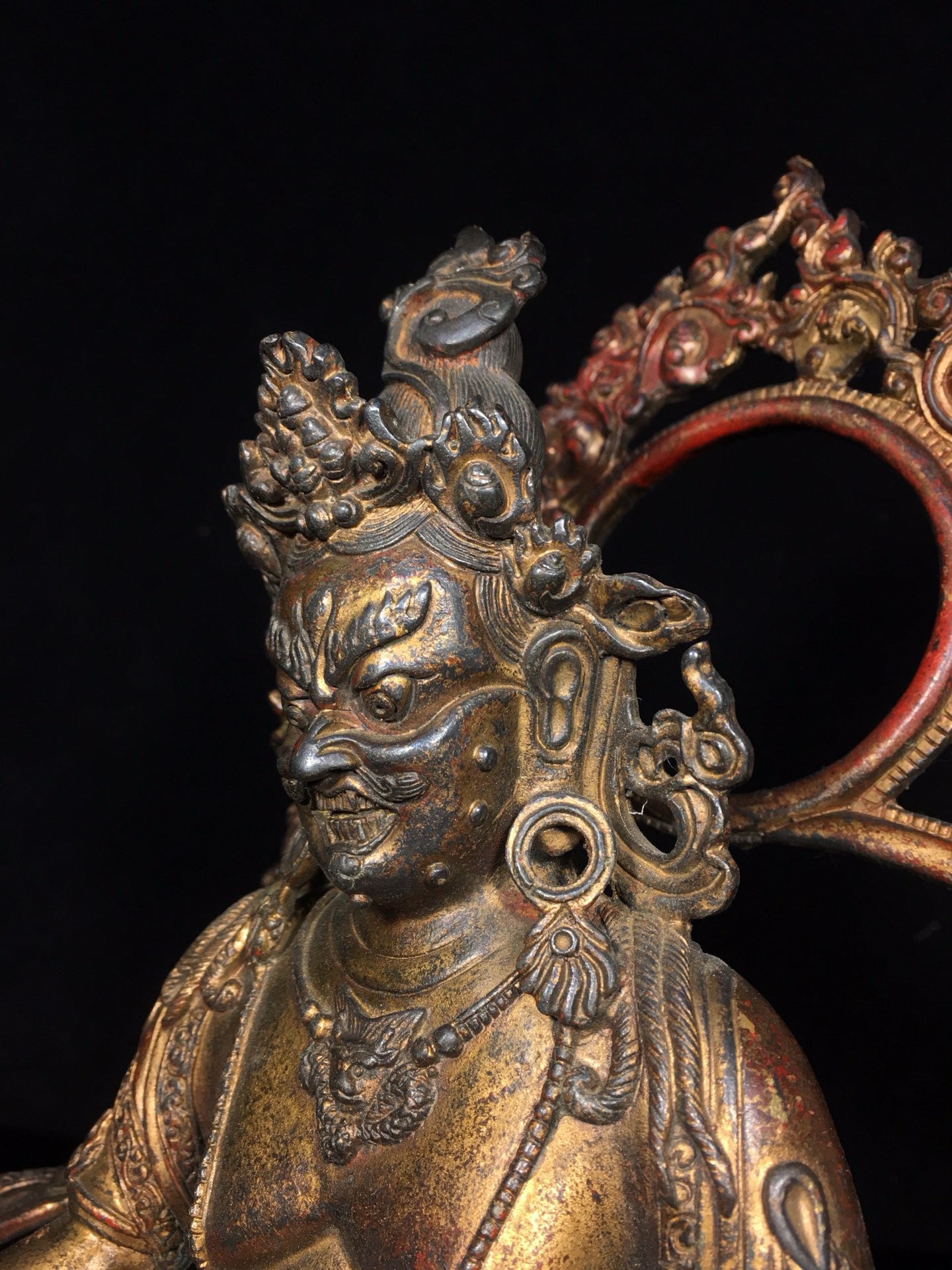Chinese Antique Pure Copper Belt Backlit Yellow God of Wealth Buddha Statue