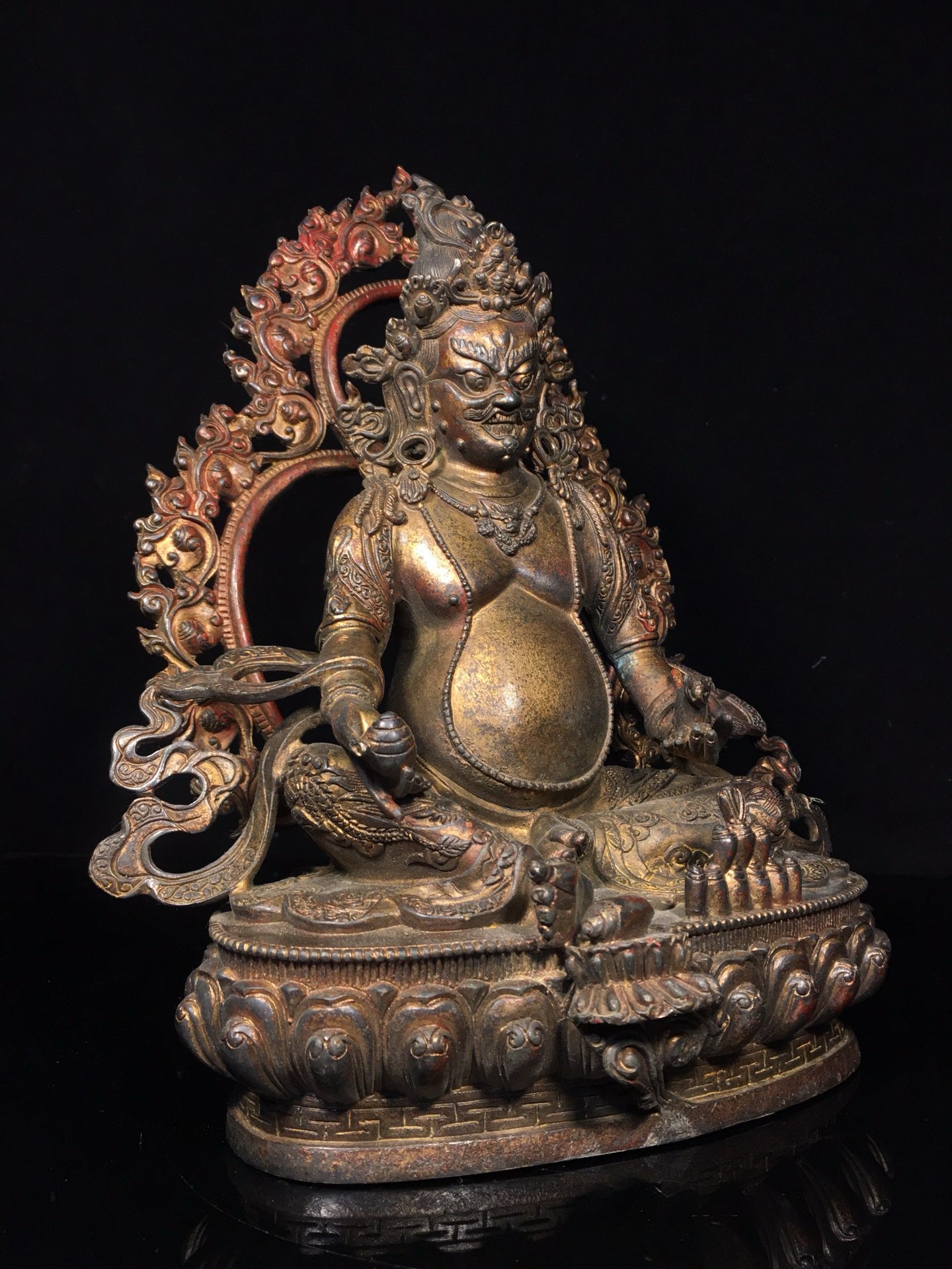 Chinese Antique Pure Copper Belt Backlit Yellow God of Wealth Buddha Statue
