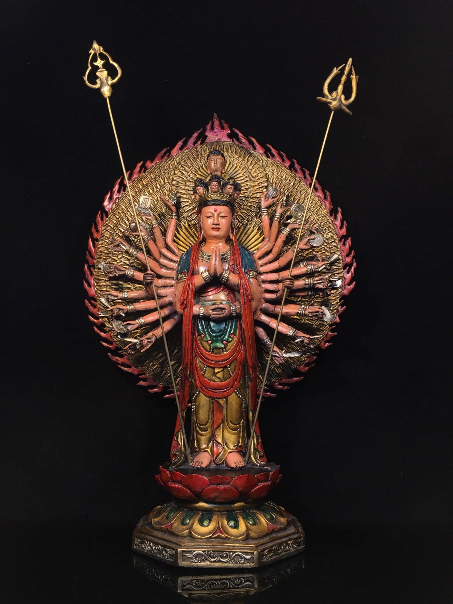 Chinese antique pure copper painted Thousand Handed Avalokitesvara Buddha statue