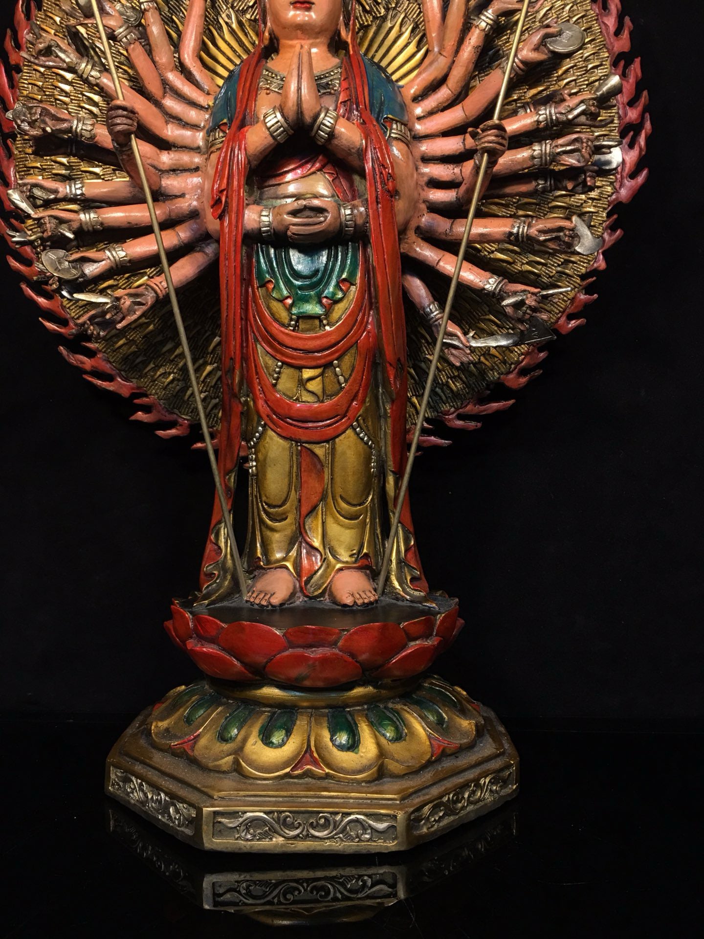 Chinese antique pure copper painted Thousand Handed Avalokitesvara Buddha statue