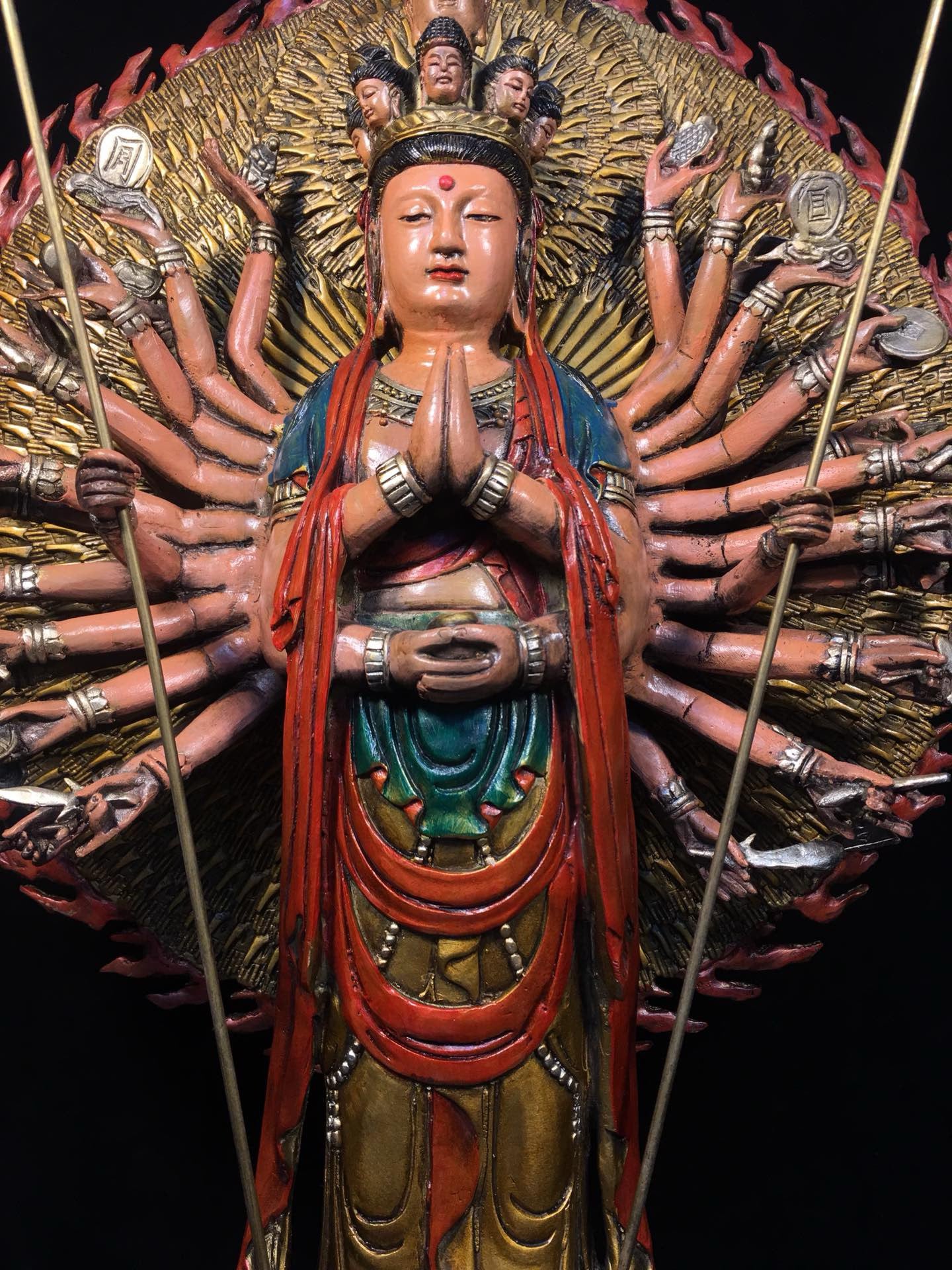 Chinese antique pure copper painted Thousand Handed Avalokitesvara Buddha statue