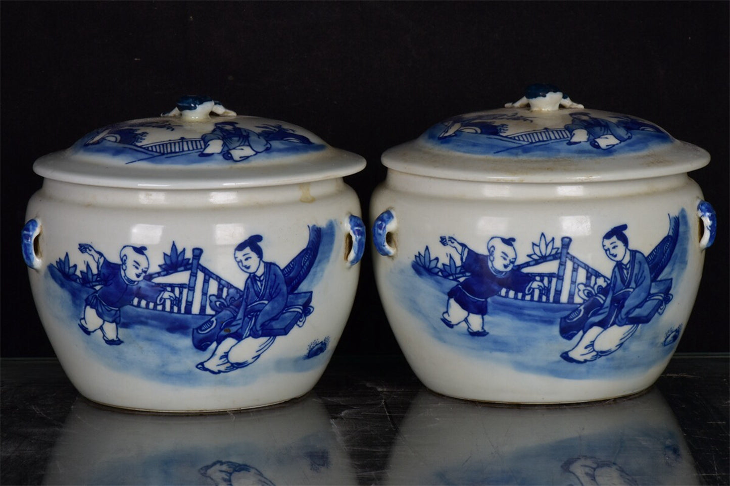 Chinese antique blue and white figure story pattern four series Congee jar lid