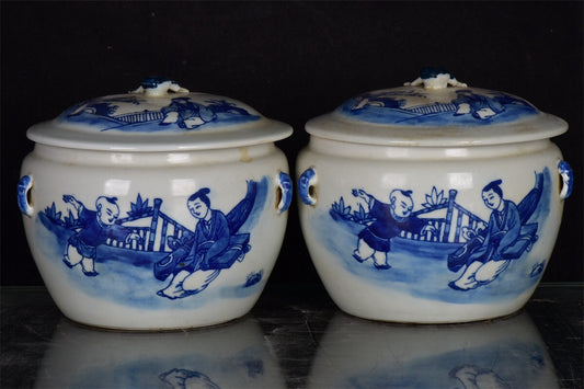 Chinese antique blue and white figure story pattern four series Congee jar lid