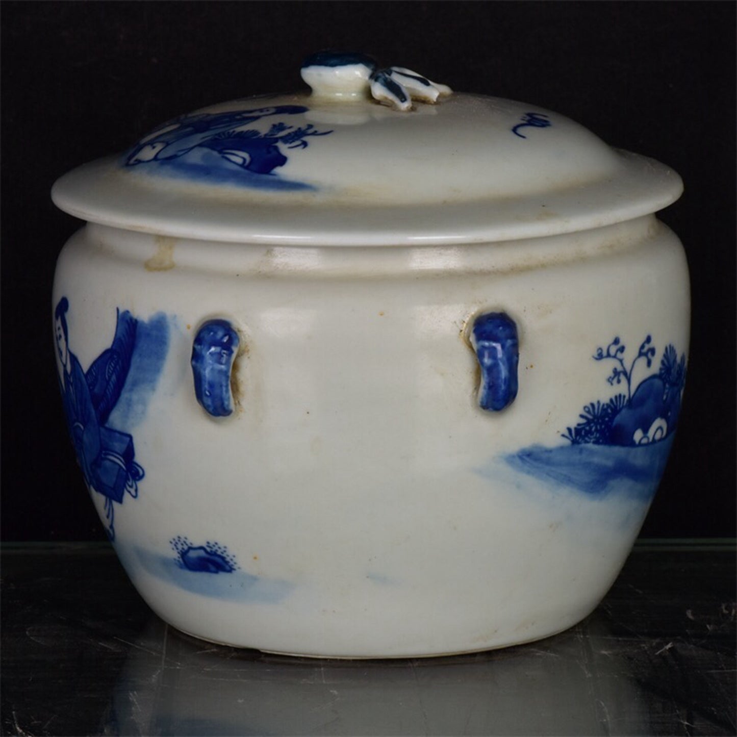 Chinese antique blue and white figure story pattern four series Congee jar lid
