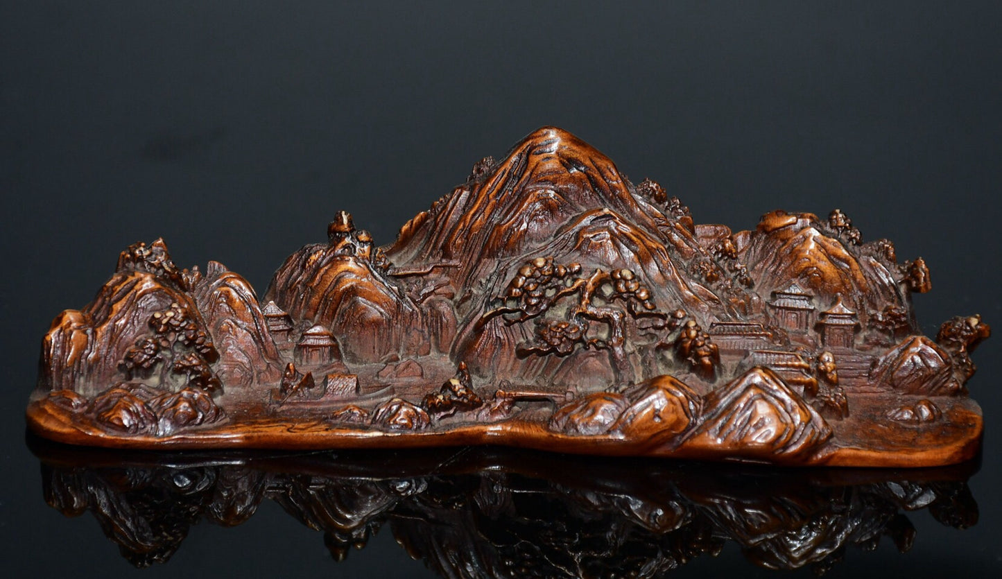 Chinese antique small leaf boxwood landscape pen holder ornament