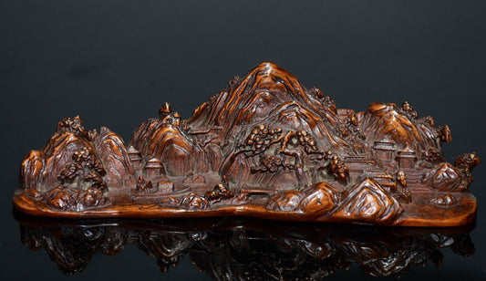 Chinese antique small leaf boxwood landscape pen holder ornament