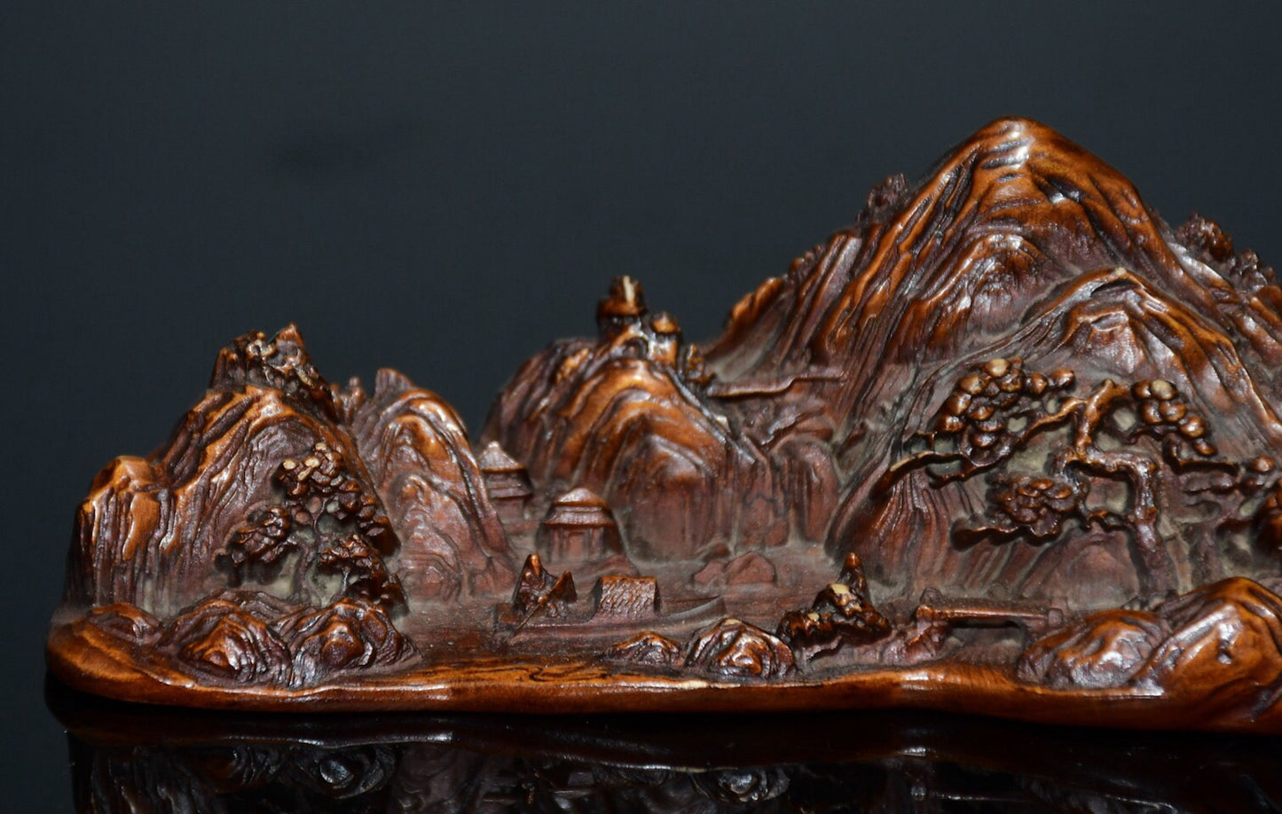 Chinese antique small leaf boxwood landscape pen holder ornament