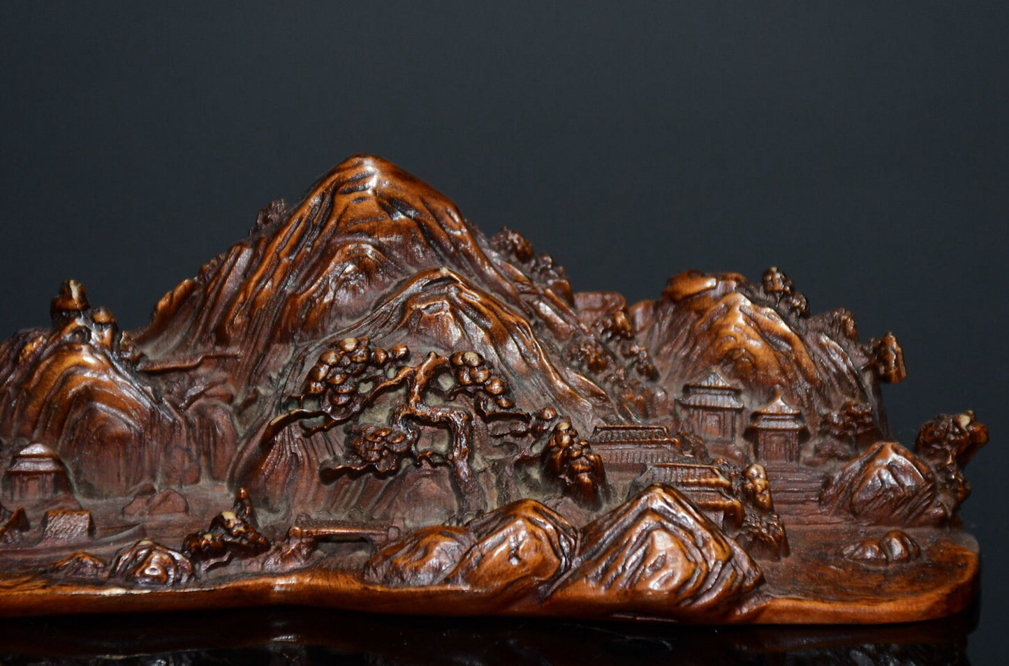 Chinese antique small leaf boxwood landscape pen holder ornament
