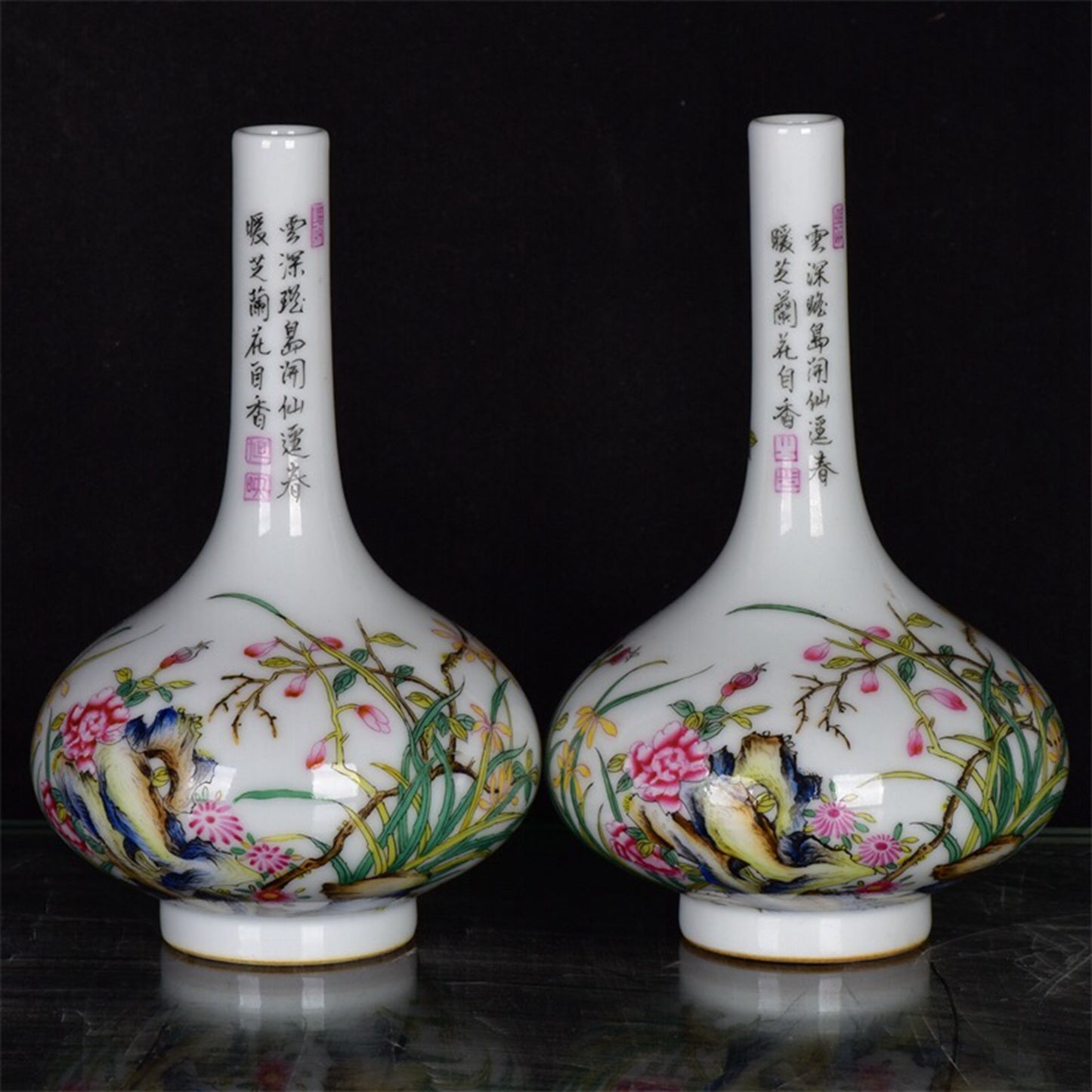 Chinese antique pink flower and bird patterned long necked bottle