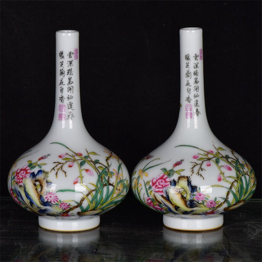 Chinese antique pink flower and bird patterned long necked bottle