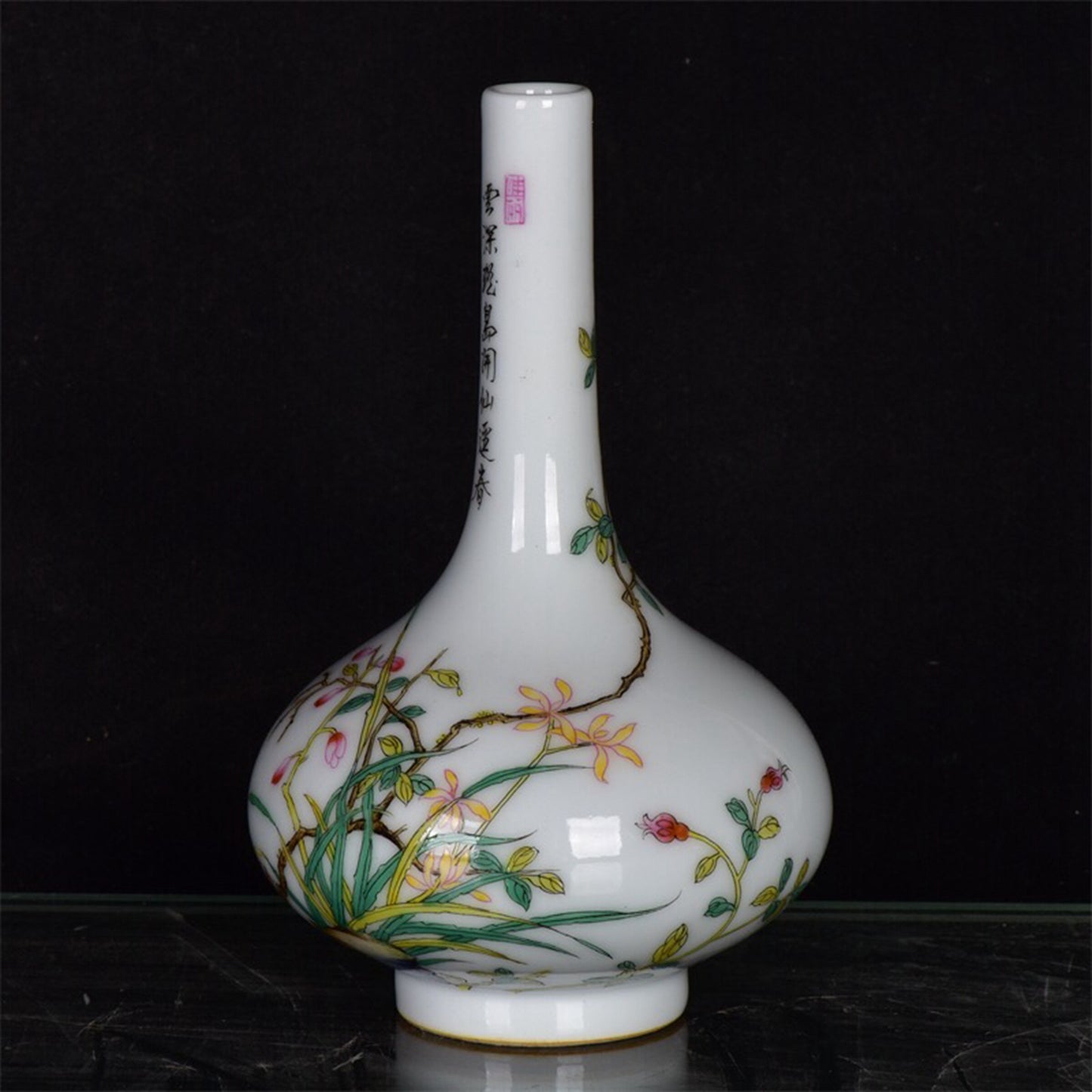 Chinese antique pink flower and bird patterned long necked bottle
